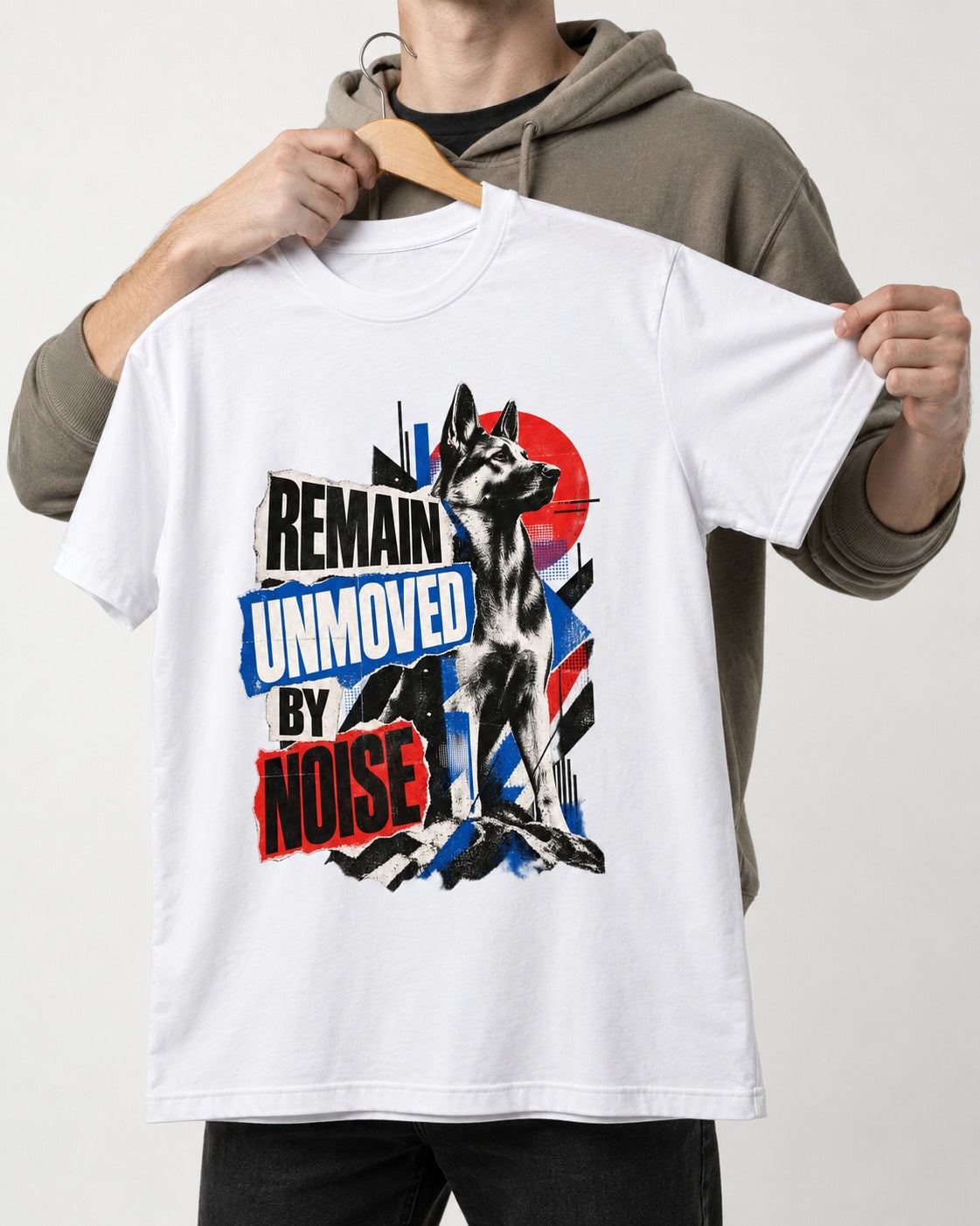 Remain Unmoved By Noise Brutalist Collage German Shepherd Dog Graphic T-Shirt in White, held up on a hanger