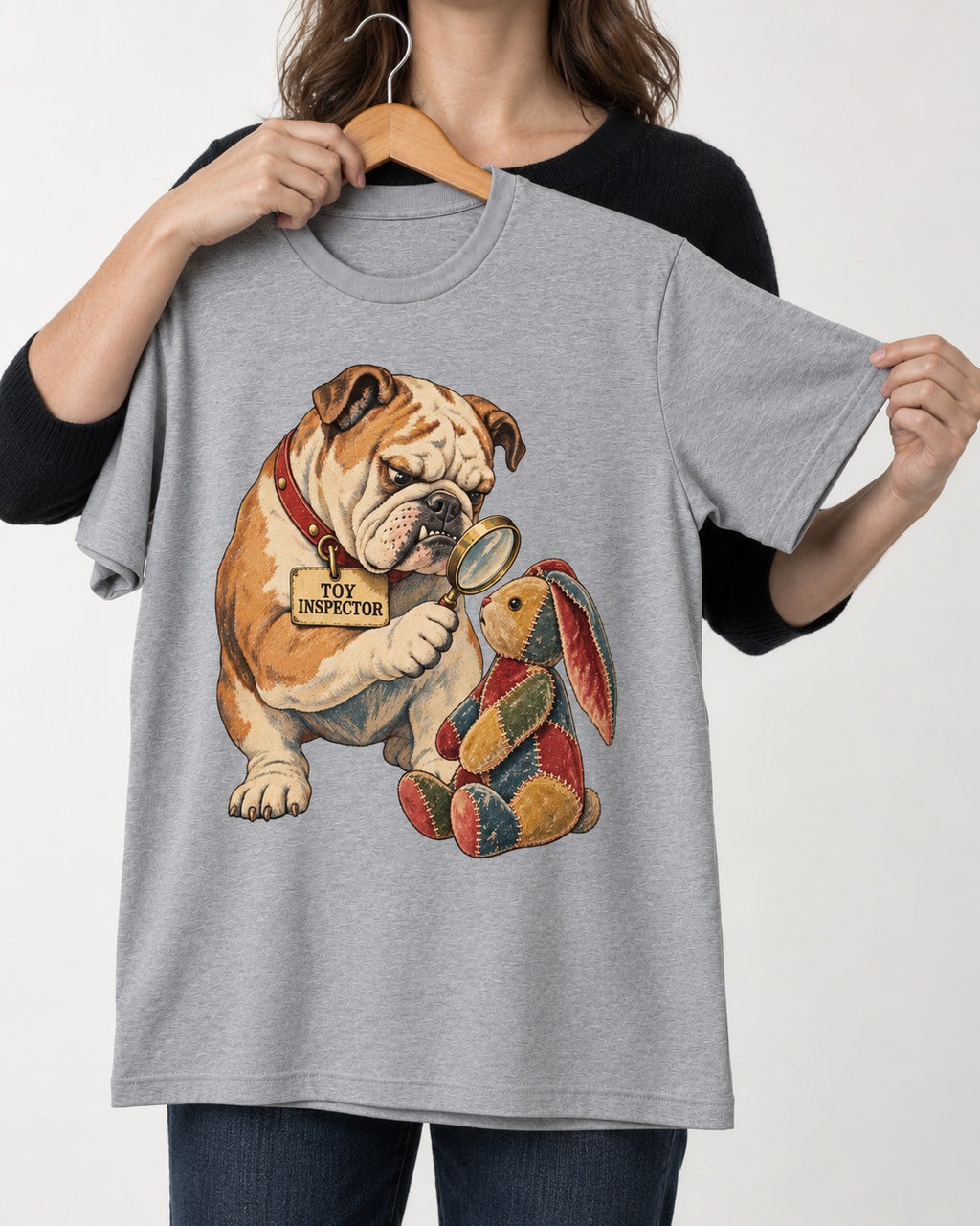 English Bulldog Toy Inspector T-Shirt in Sport Grey, held up on a hanger