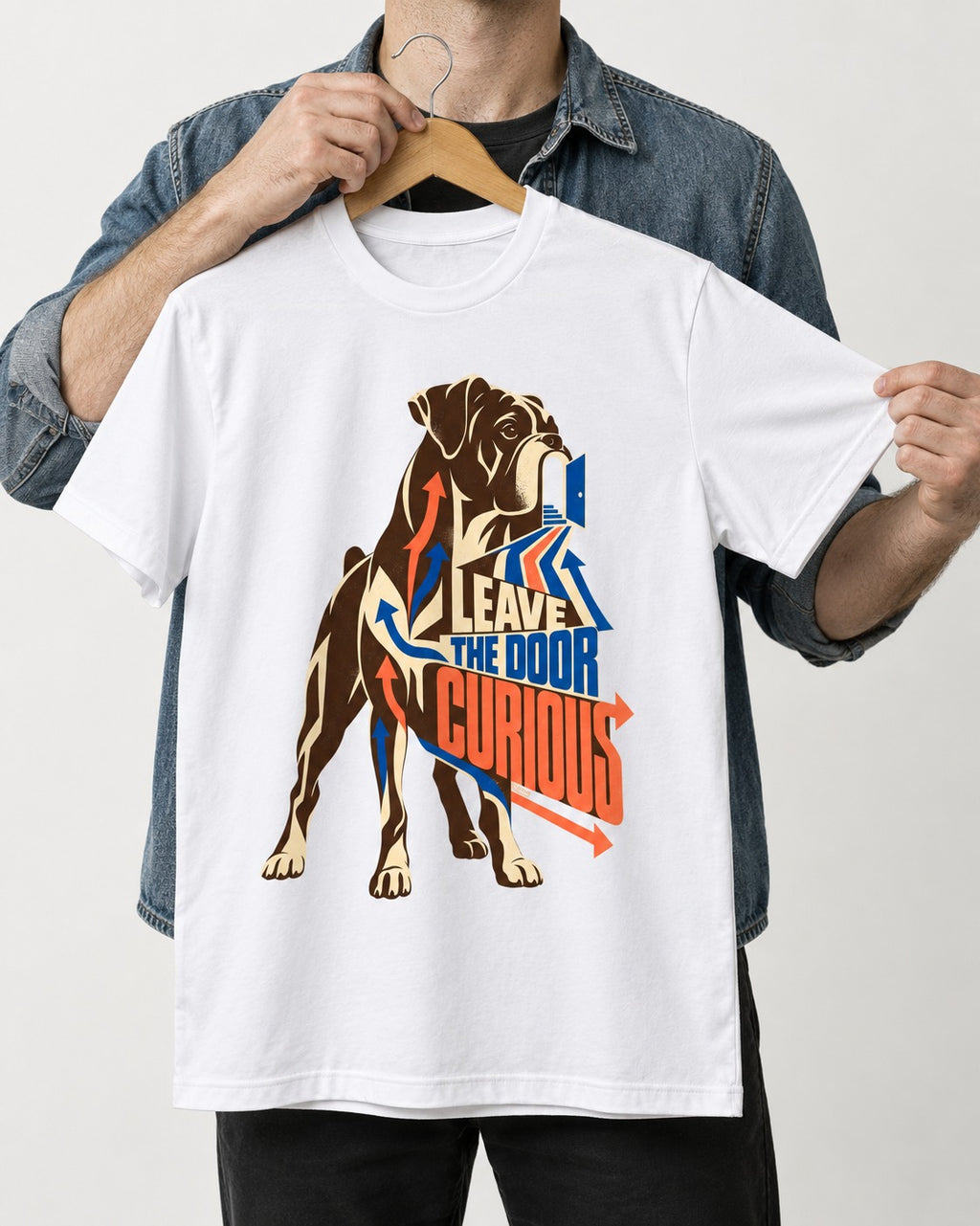 Leave the Door Curious Boxer Doorway Arrow Graphic T-Shirt in White, held up on a hanger