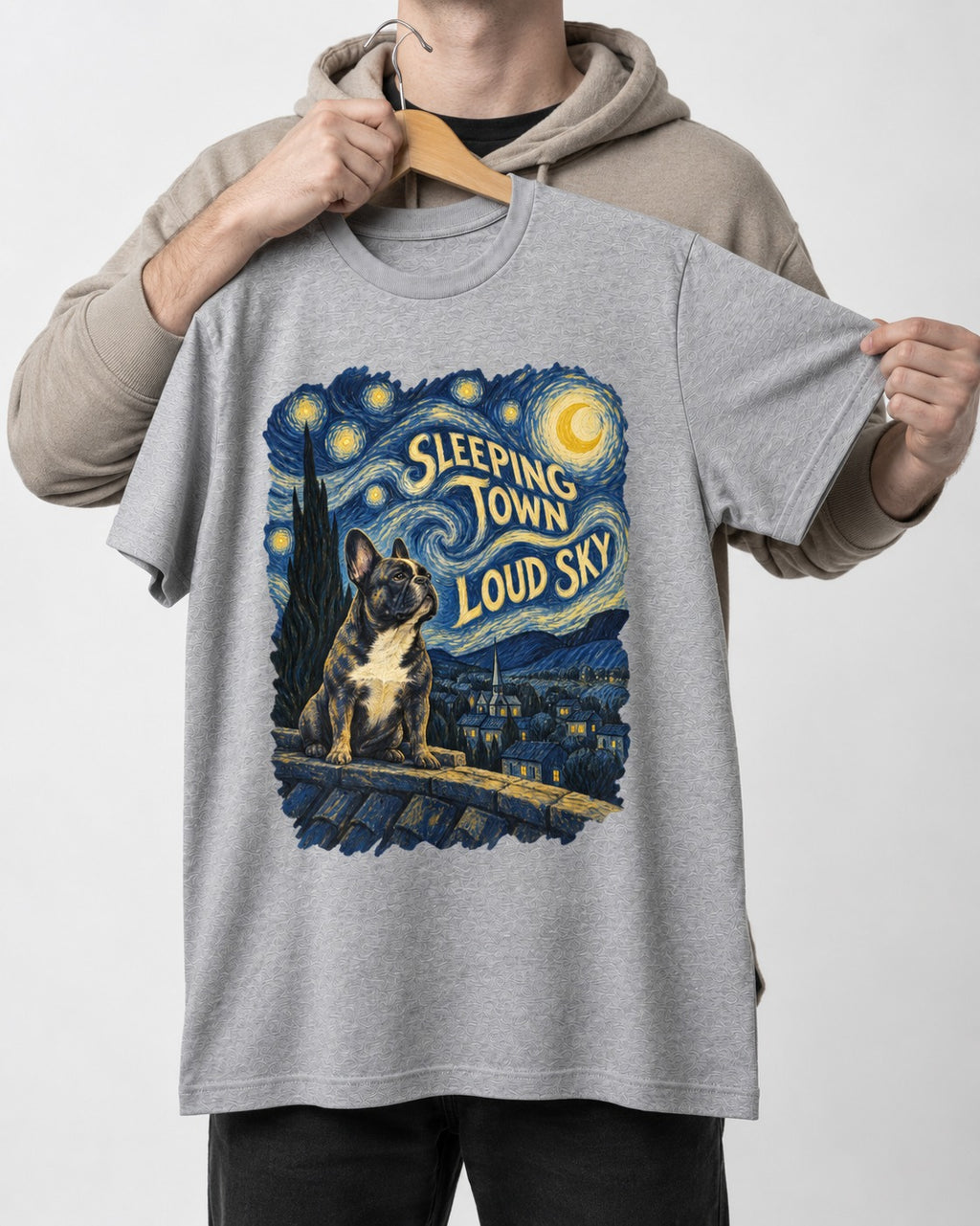 Frenchie Sleeping Town Loud Sky Rooftop Graphic T-Shirt in Sport Grey, held up on a hanger