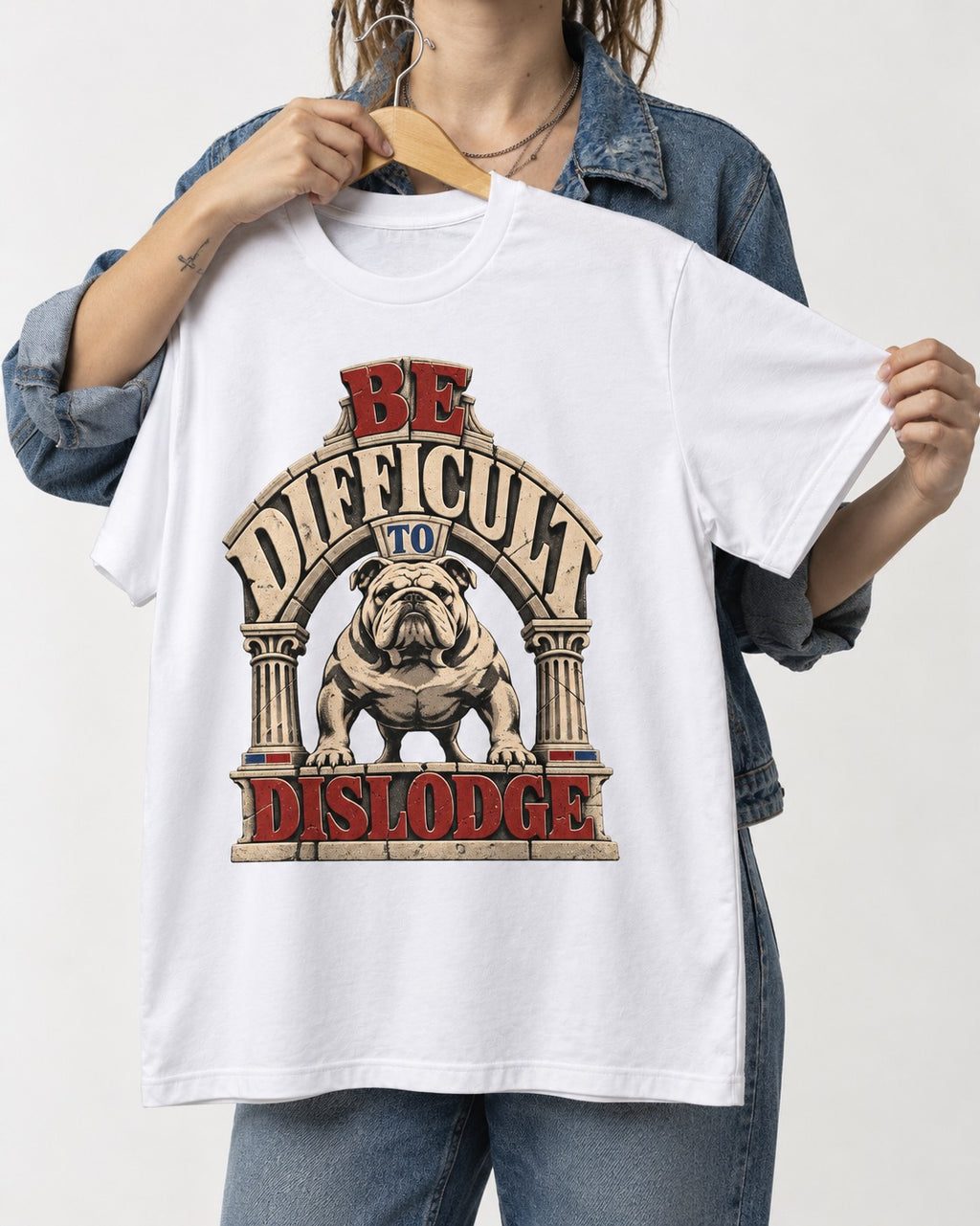 English Bulldog Be Difficult to Dislodge Stone Arch Graphic T-Shirt in White, held up on a hanger