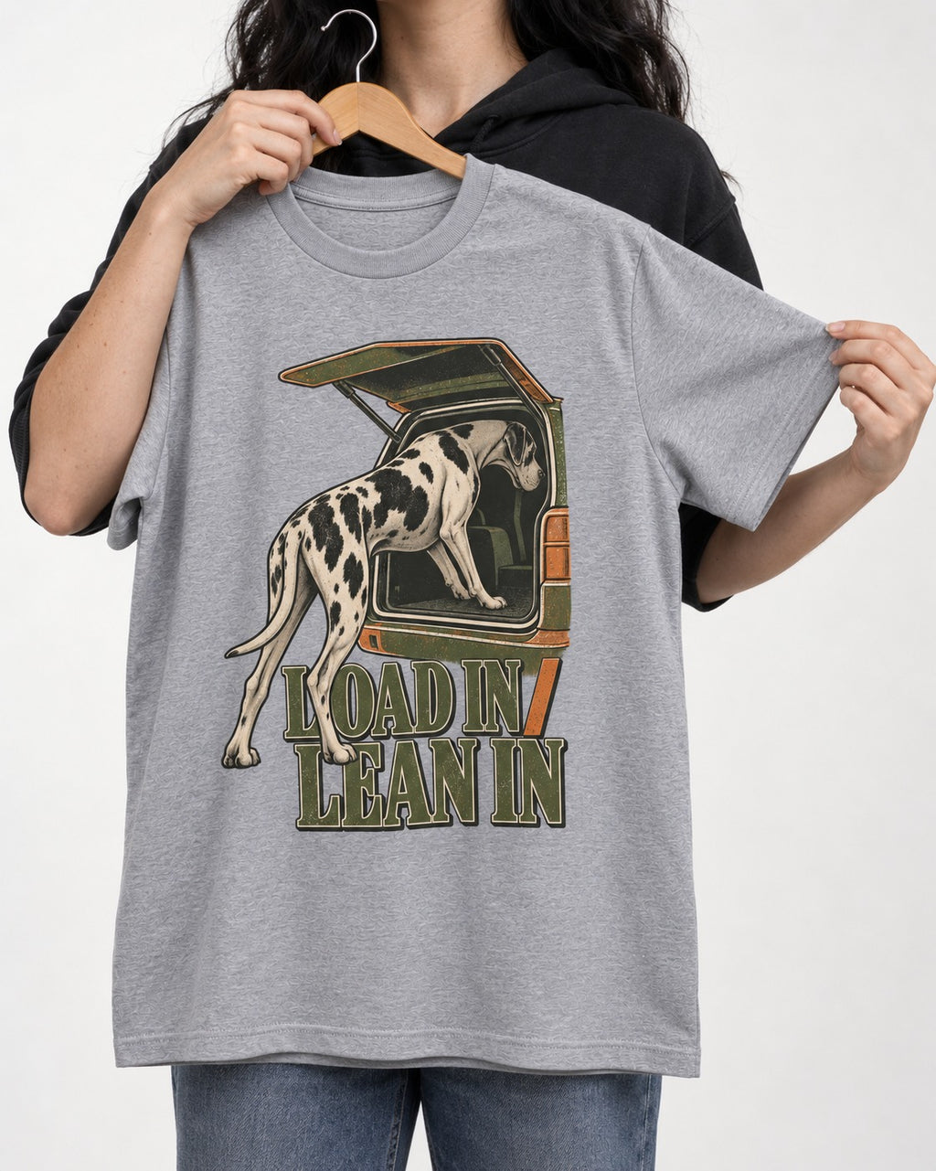 Great Dane Loadin' Leanin' T-Shirt in Sport Grey, held up on a hanger