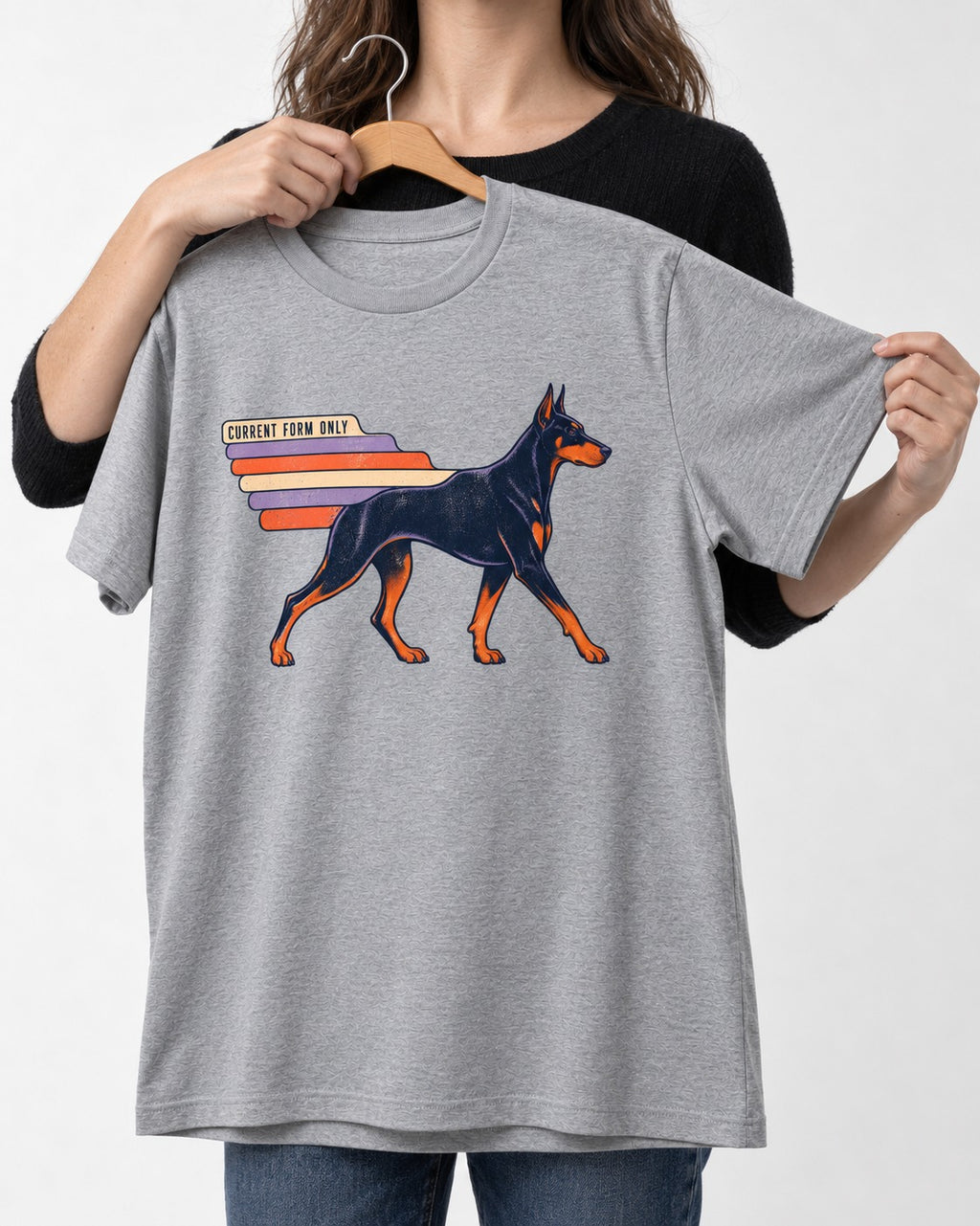 Doberman Current Form Only Speed Bars Graphic T-Shirt in Sport Grey, held up on a hanger
