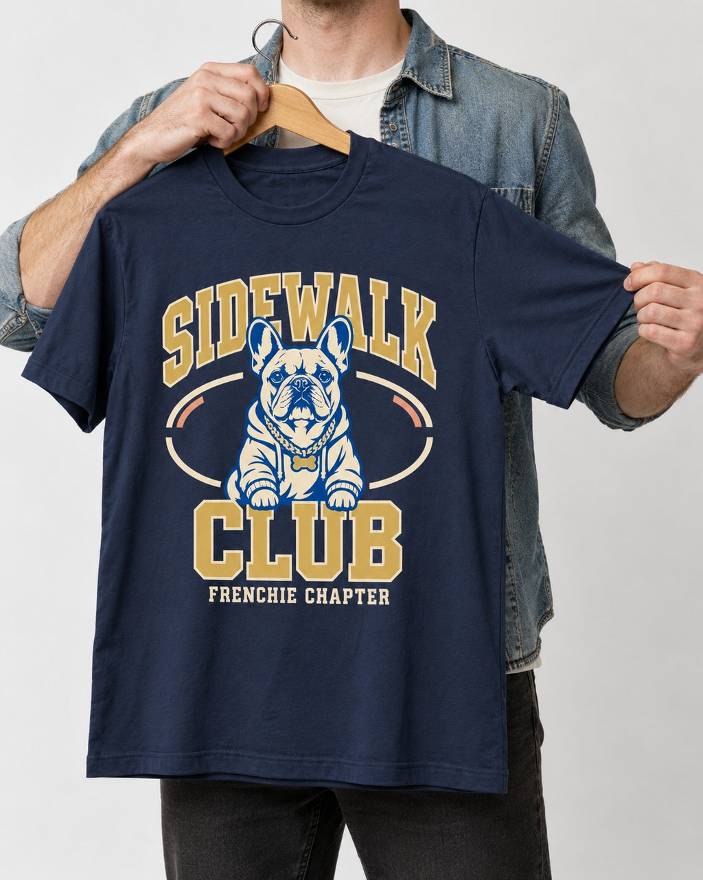 Frenchie Sidewalk Club Chapter Graphic T-Shirt in Navy, held up on a hanger