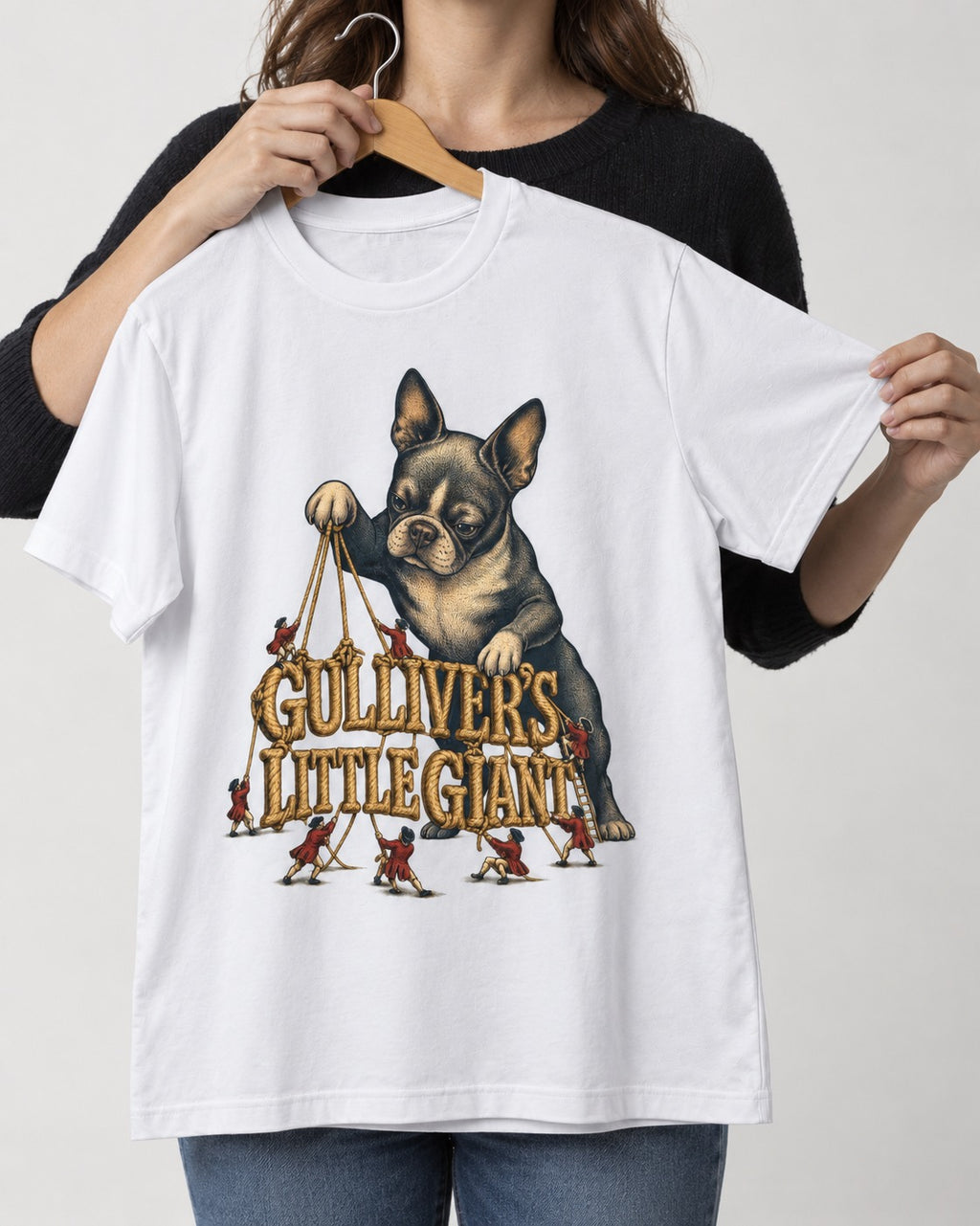Boston Terrier Gulliver’s Little Giant T-Shirt in White, held up on a hanger