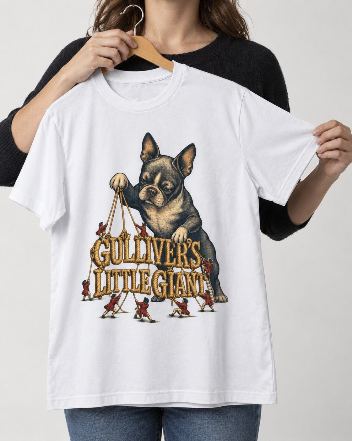 Boston Terrier Gulliver’s Little Giant T-Shirt in White, held up on a hanger
