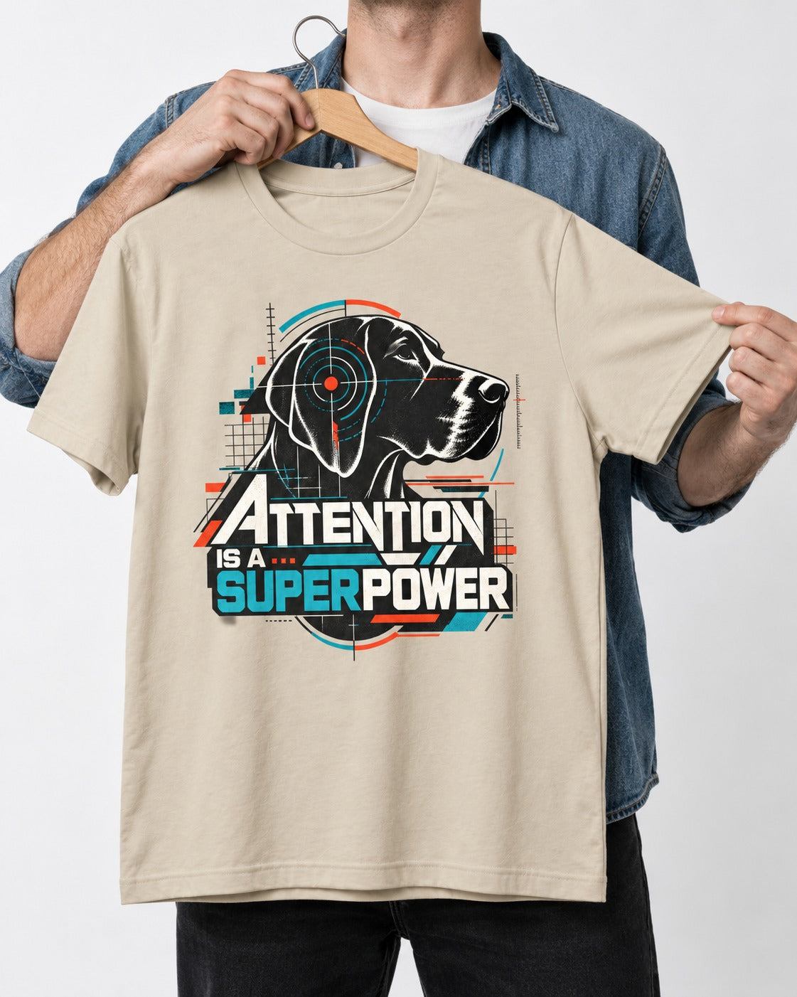 German Shorthaired Pointer Attention Is a Superpower T-Shirt in Sand, held up on a hanger