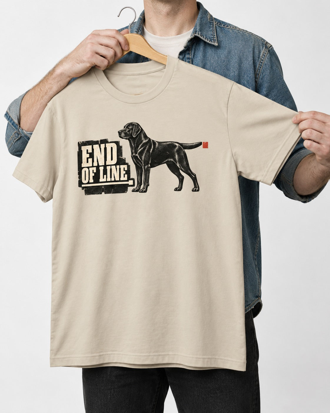 End of Line Labrador Retriever T-Shirt in Sand, held up on a hanger