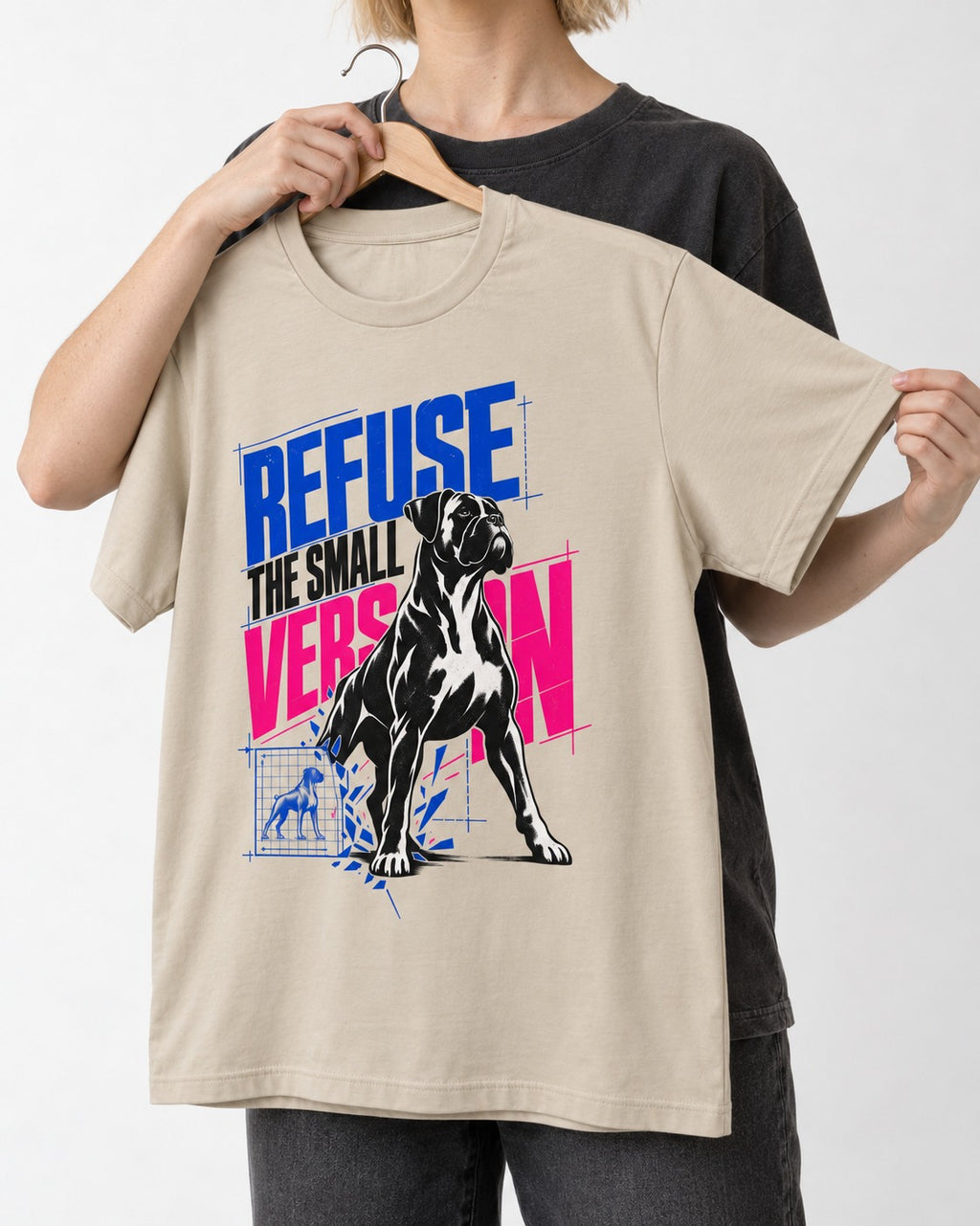 Boxer Refuse the Small Version T-Shirt in Sand, held up on a hanger