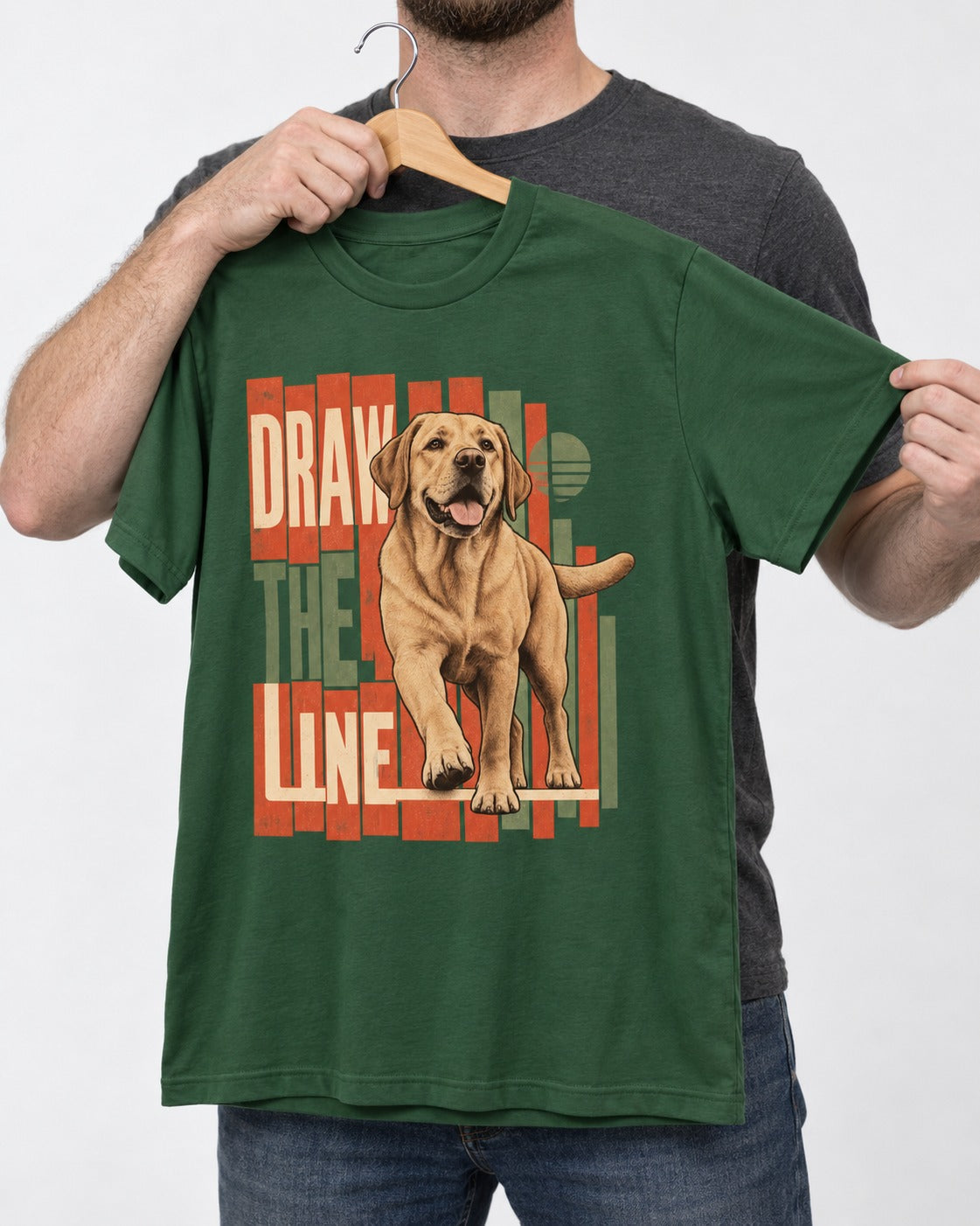 Labrador Retriever Draw the Line Stepping Graphic T-Shirt in Forest Green, held up on a hanger