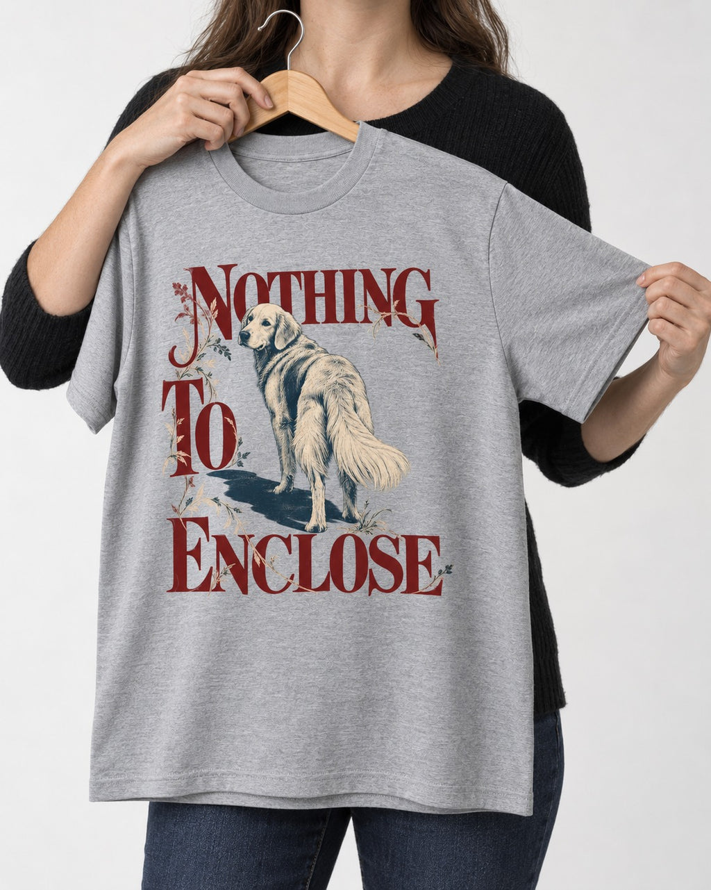 Golden Retriever Nothing to Enclose T-Shirt in Sport Grey, held up on a hanger