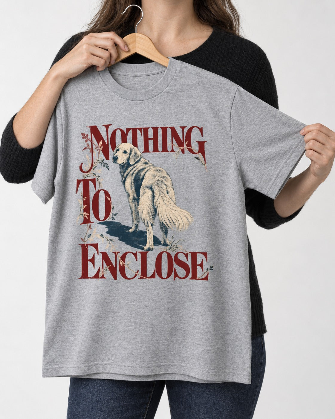 Golden Retriever Nothing to Enclose T-Shirt in Sport Grey, held up on a hanger