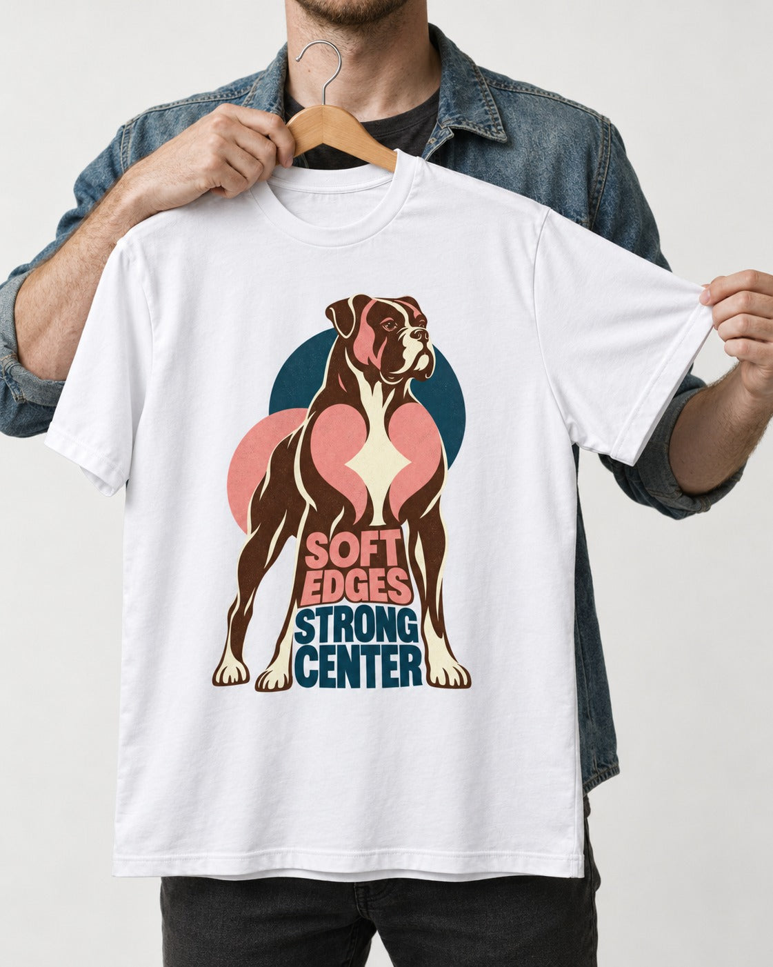 Boxer Soft Edges Strong Center T-Shirt in White, held up on a hanger