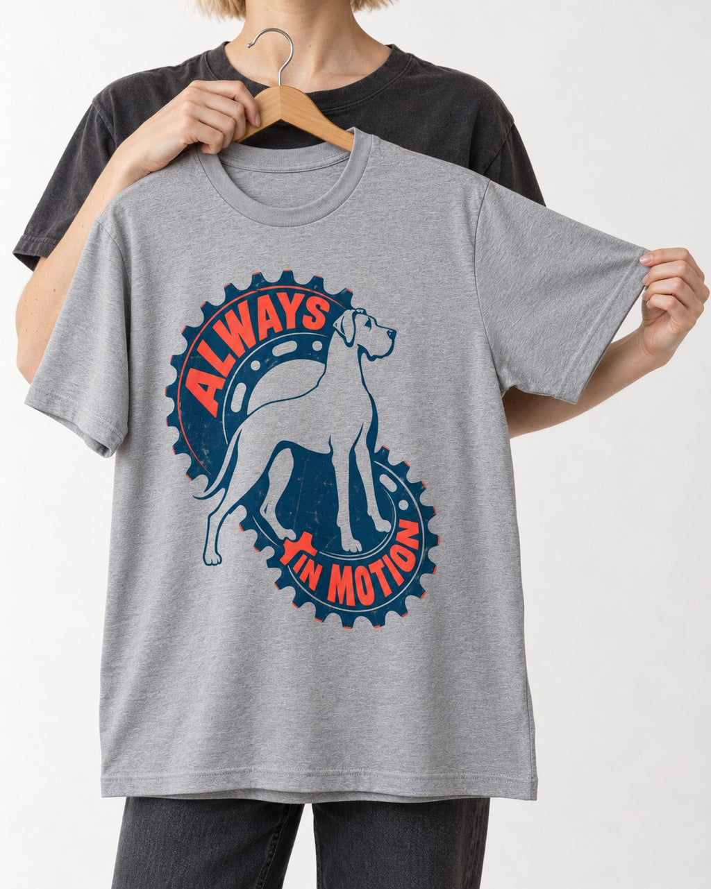 Great Dane Always in Motion T-Shirt in Sport Grey, held up on a hanger