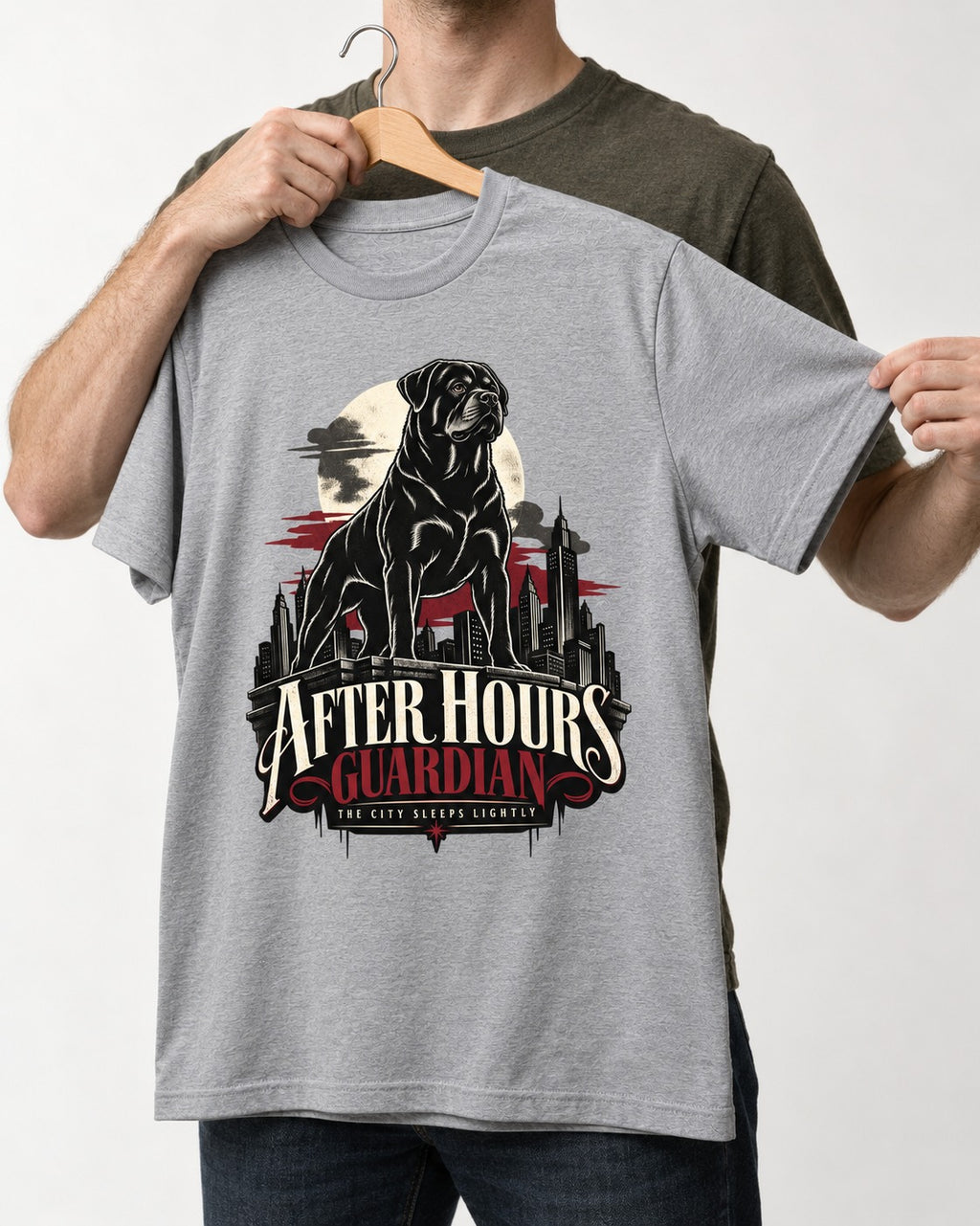 After Hours Rottweiler Guardian T-Shirt in Sport Grey, held up on a hanger