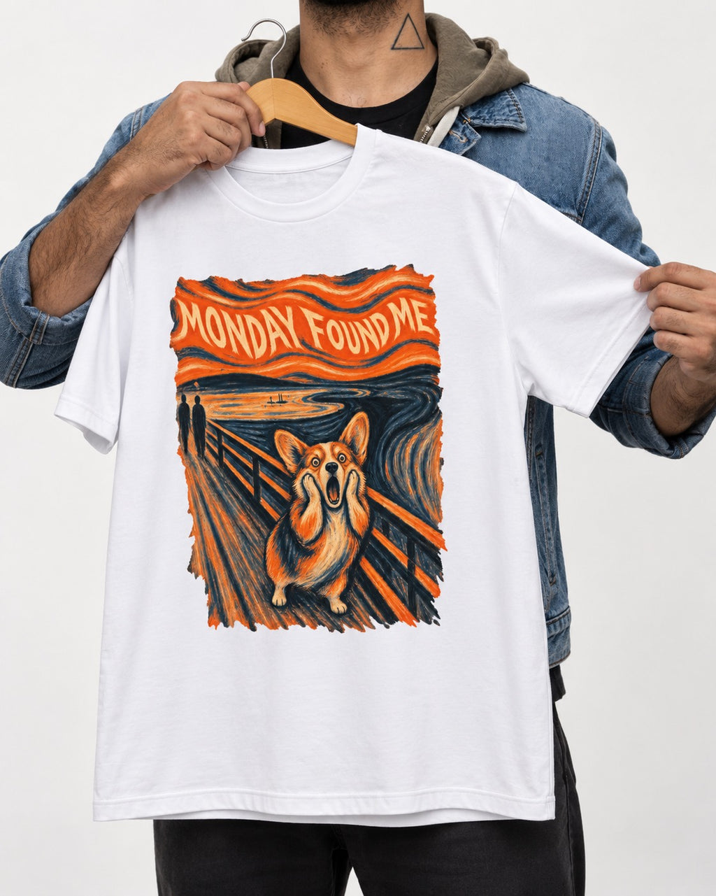 Corgi Monday Found Me Scream Banner T-Shirt in White, held up on a hanger