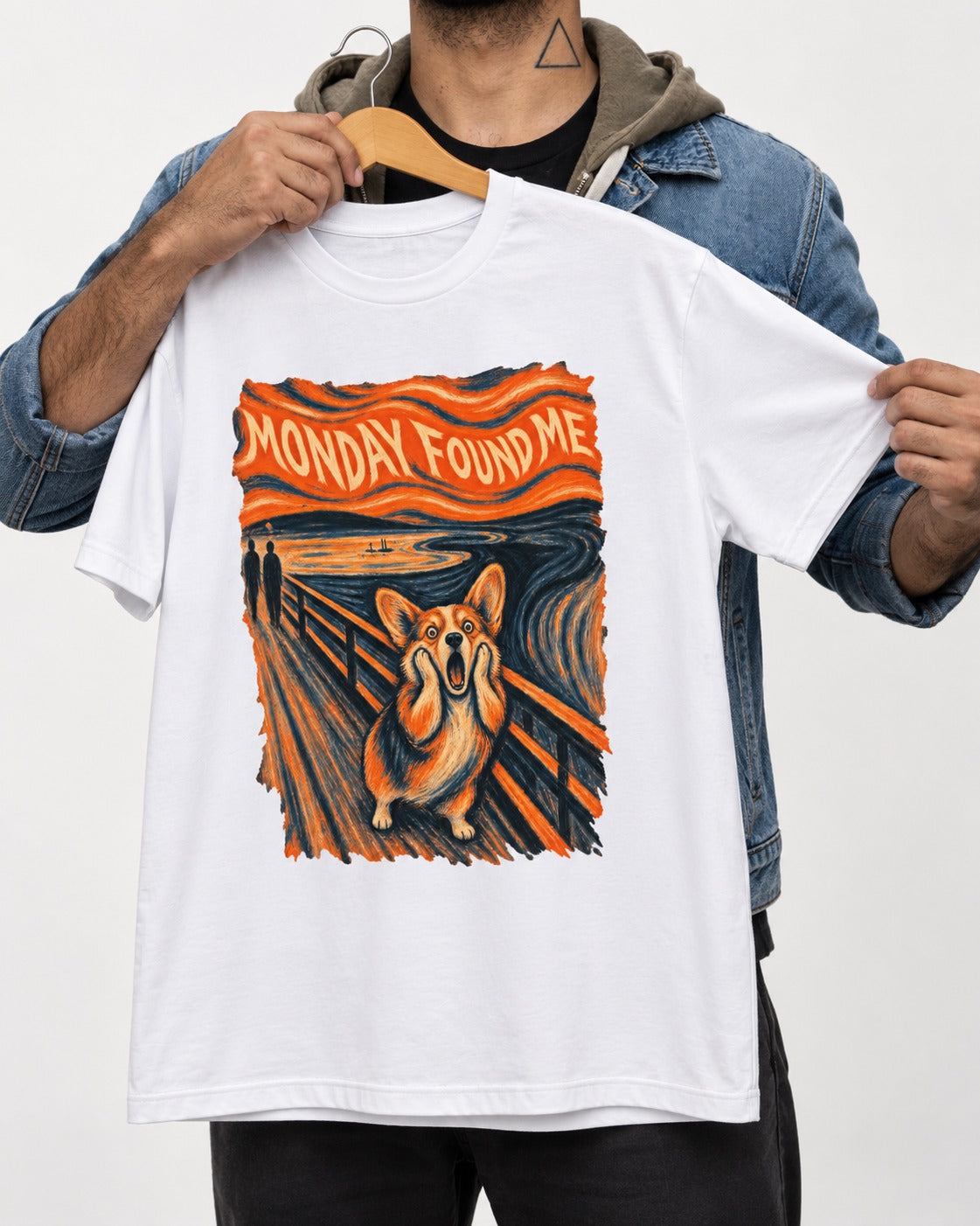 Corgi Monday Found Me Scream Banner T-Shirt in White, held up on a hanger