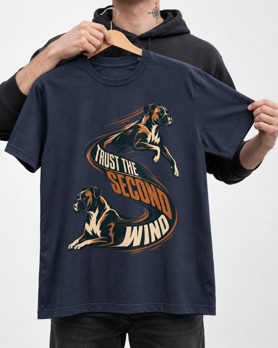Trust the Second Wind Boxer Motion Graphic T-Shirt in Navy, held up on a hanger