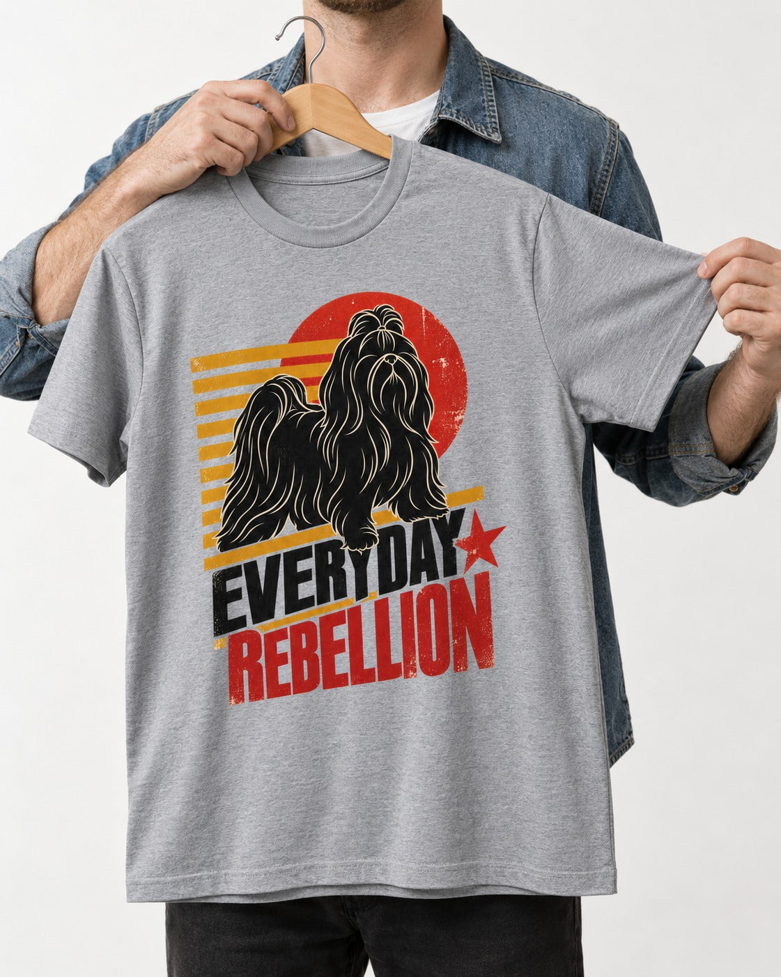 Everyday Rebellion Shih Tzu T-Shirt in Sport Grey, held up on a hanger