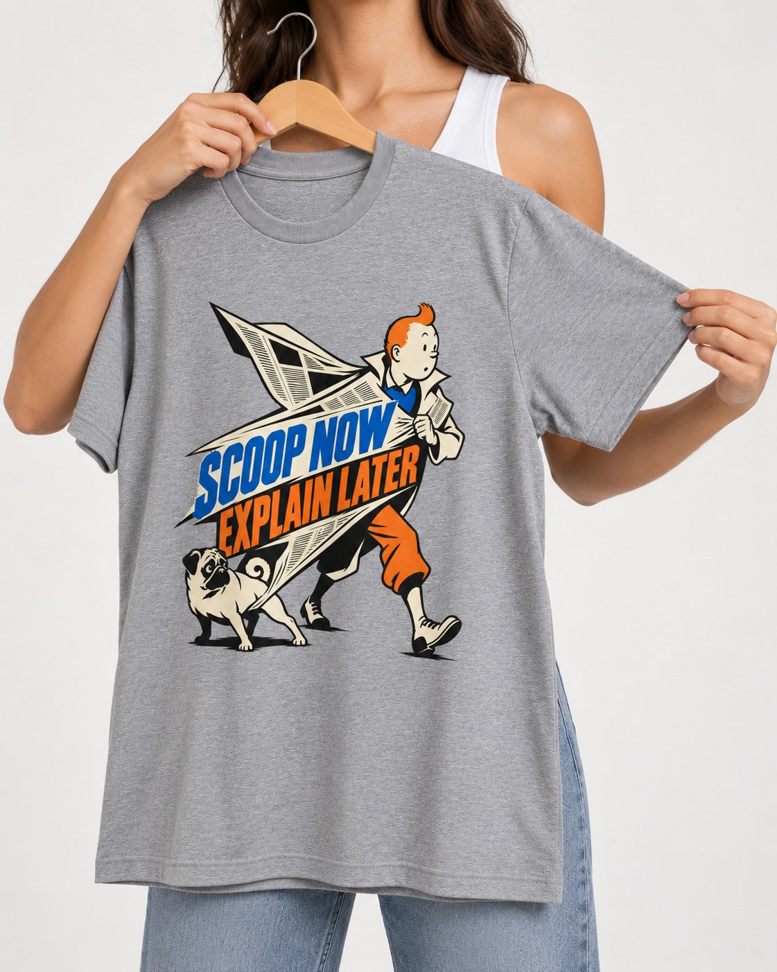 Pug Scoop Now Explain Later T-Shirt in Sport Grey, held up on a hanger