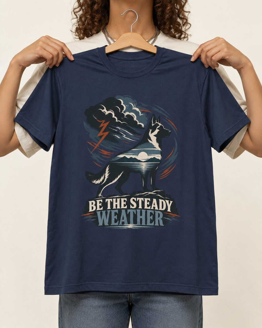 Be the Steady Weather Storm German Shepherd Dog Graphic T-Shirt in Navy, held up on a hanger