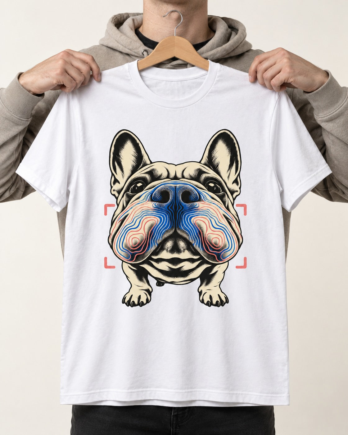 Frenchie Nose Topography Graphic T-Shirt in White, held up on a hanger