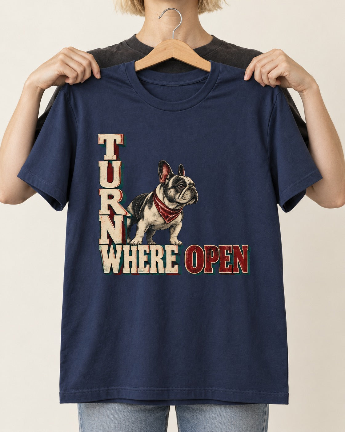 Turn Where Open Frenchie T-Shirt in Navy, held up on a hanger