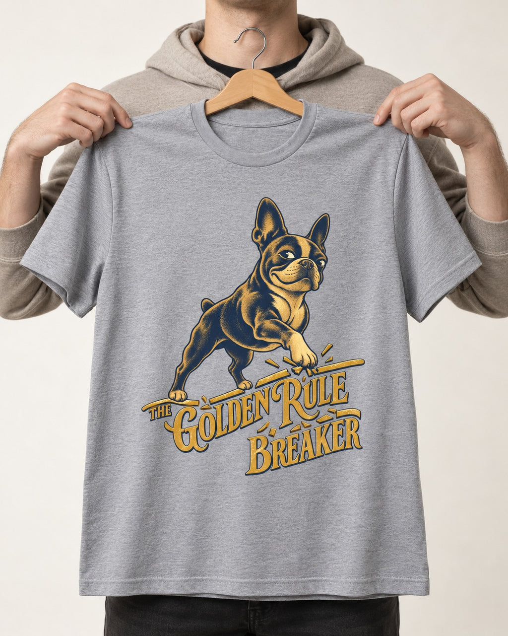 Boston Terrier Golden Rule Breaker T-Shirt in Sport Grey, held up on a hanger
