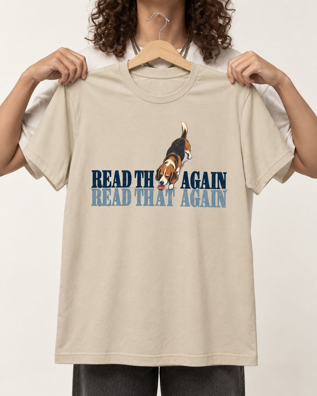 Read That Again Beagle T-Shirt in Sand, held up on a hanger