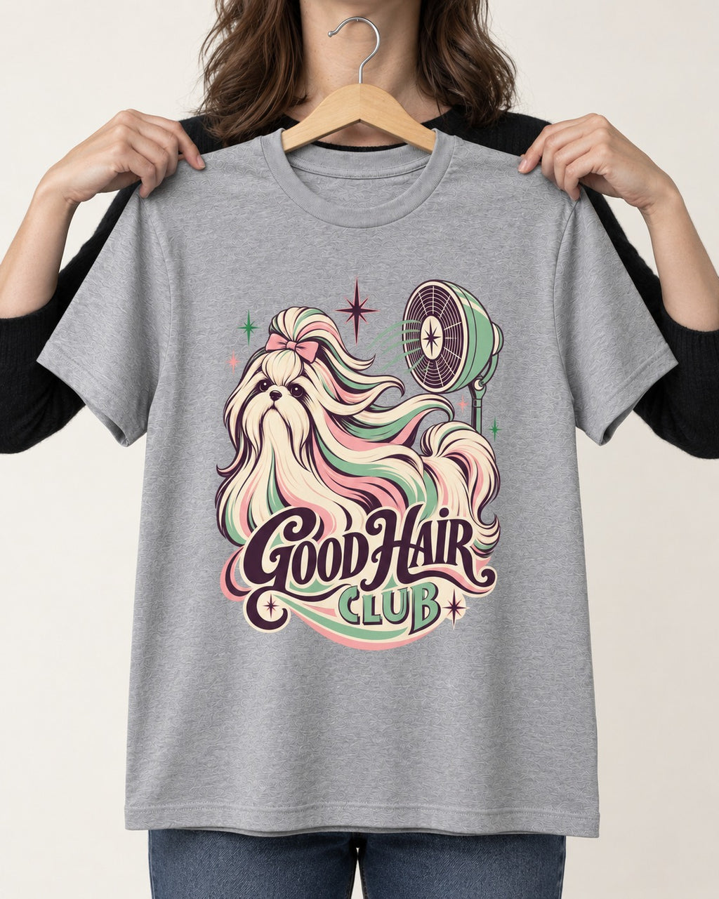 Shih Tzu Good Hair Club Salon Fan Graphic T-Shirt in Sport Grey, held up on a hanger