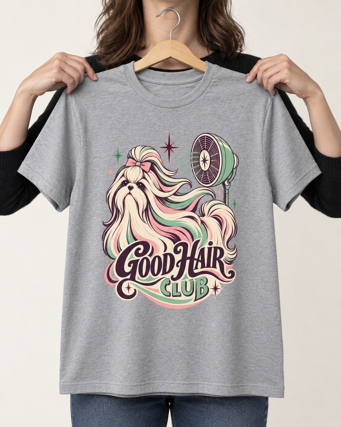 Shih Tzu Good Hair Club Salon Fan Graphic T-Shirt in Sport Grey, held up on a hanger