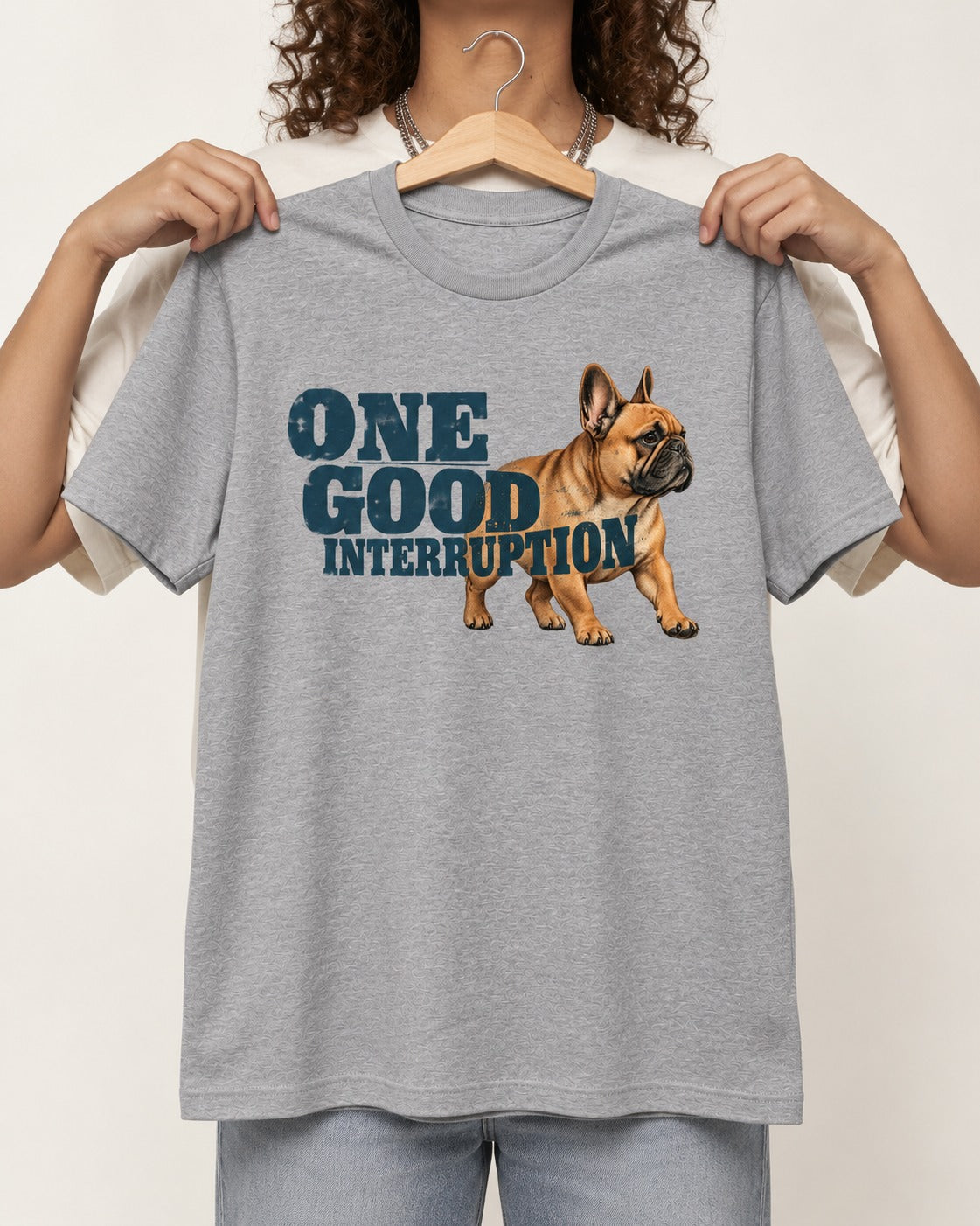 One Good Frenchie Interruption T-Shirt in Sport Grey, held up on a hanger
