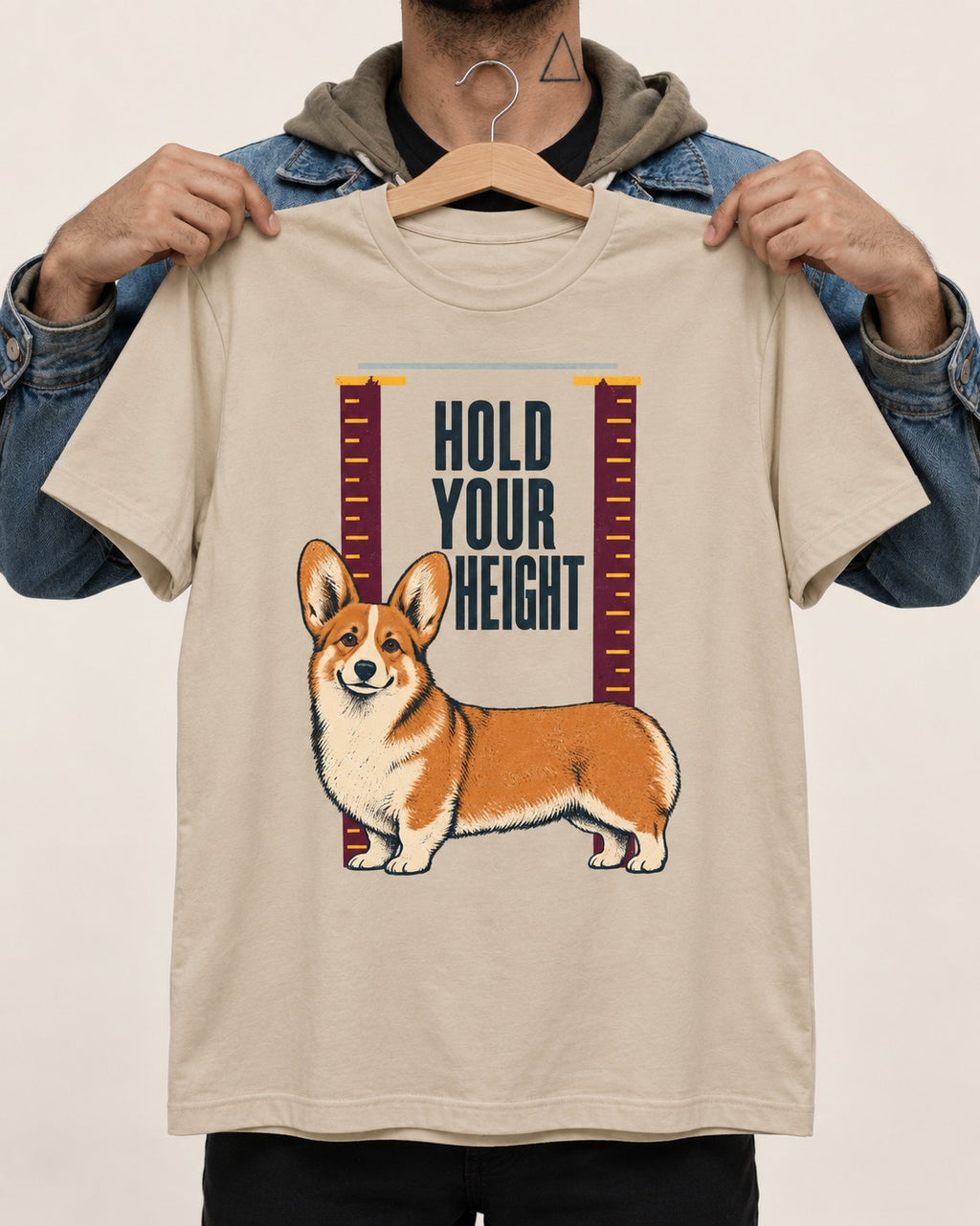Corgi Hold Your Height T-Shirt in Sand, held up on a hanger