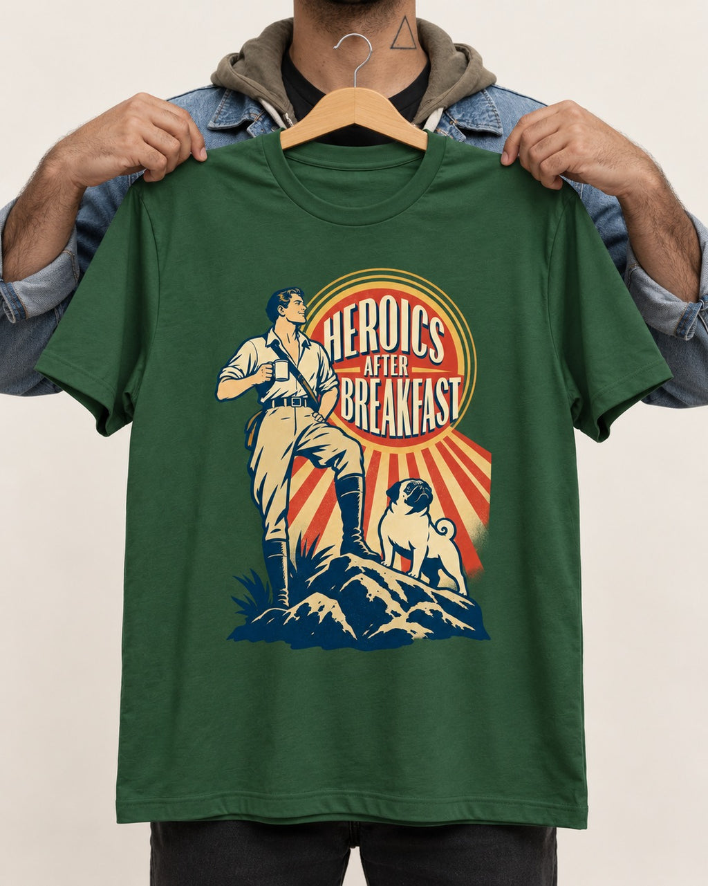 Pug Heroics After Breakfast Adventure Graphic T-Shirt in Forest Green, held up on a hanger