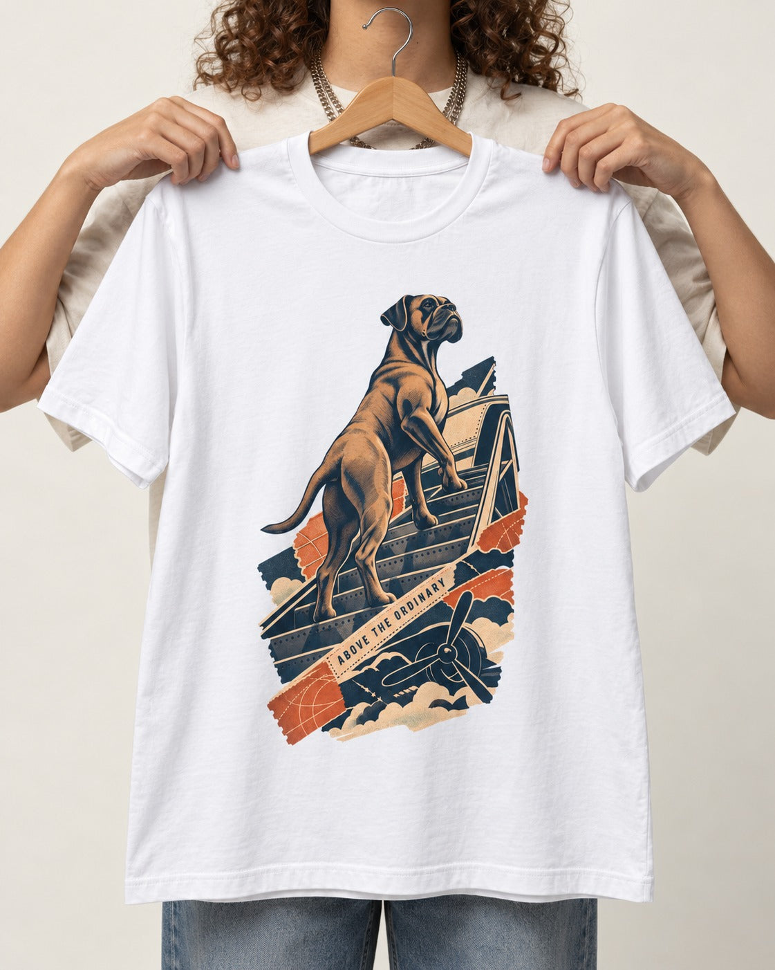 Above the Ordinary Boxer Aviation Graphic T-Shirt in White, held up on a hanger
