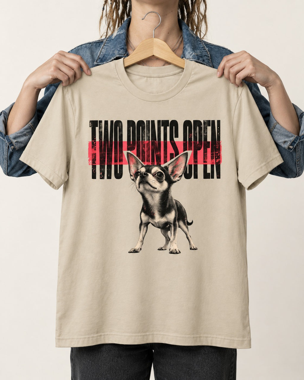Two Points Open Chihuahua T-Shirt in Sand, held up on a hanger