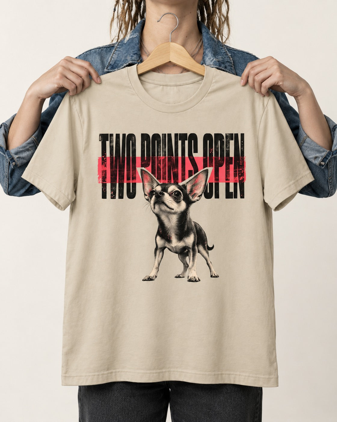 Two Points Open Chihuahua T-Shirt in Sand, held up on a hanger