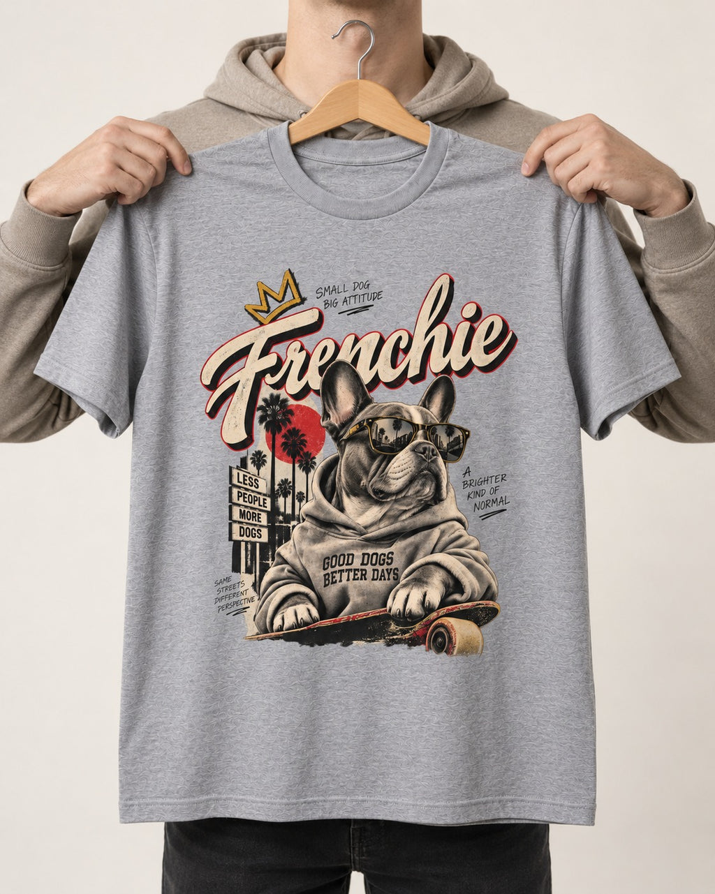 Frenchie Better Days T-Shirt in Sport Grey, held up on a hanger