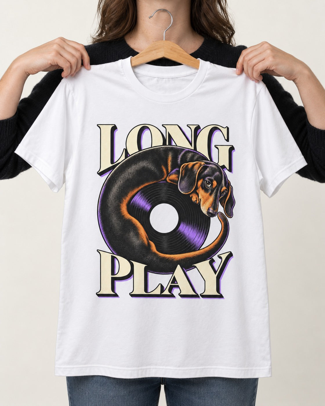 Dachshund Long Play Vinyl Record Graphic T-Shirt in White, held up on a hanger