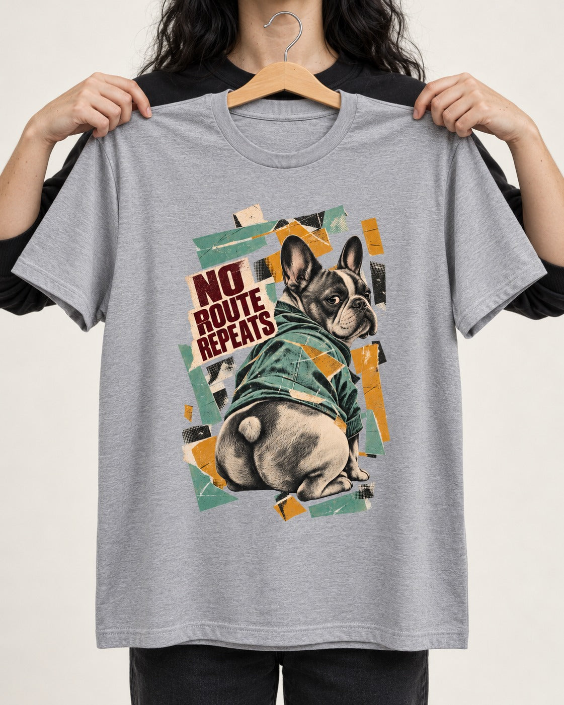 No Route Repeats Frenchie T-Shirt in Sport Grey, held up on a hanger