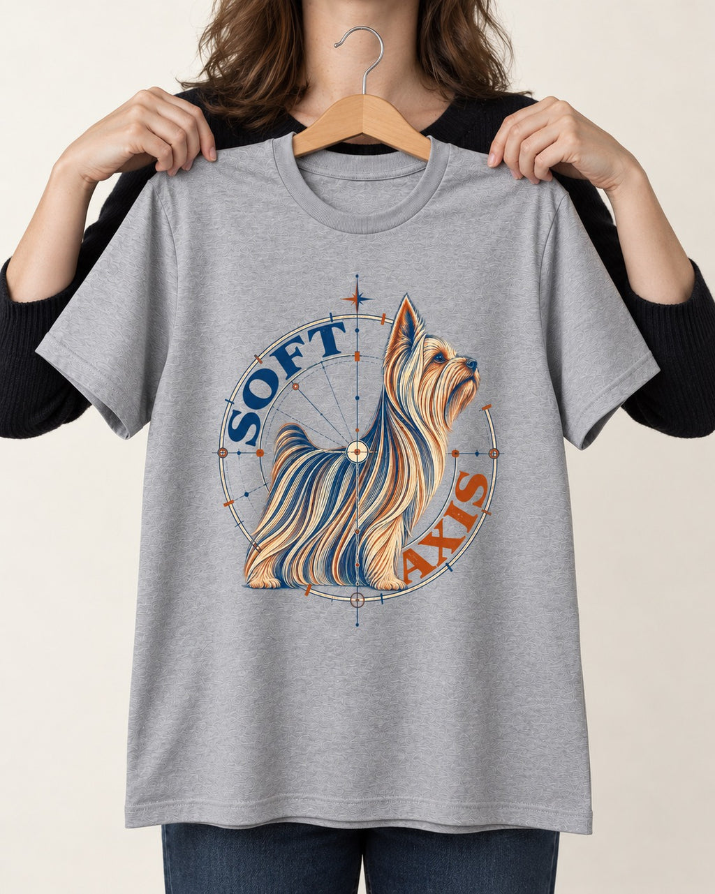 Soft Axis Yorkshire Terrier T-Shirt in Sport Grey, held up on a hanger