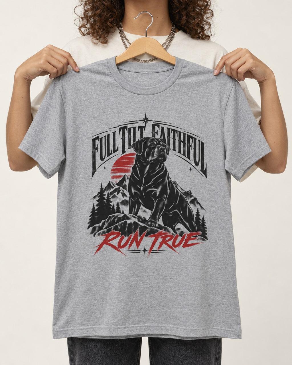 Run True Rottweiler T-Shirt in Sport Grey, held up on a hanger