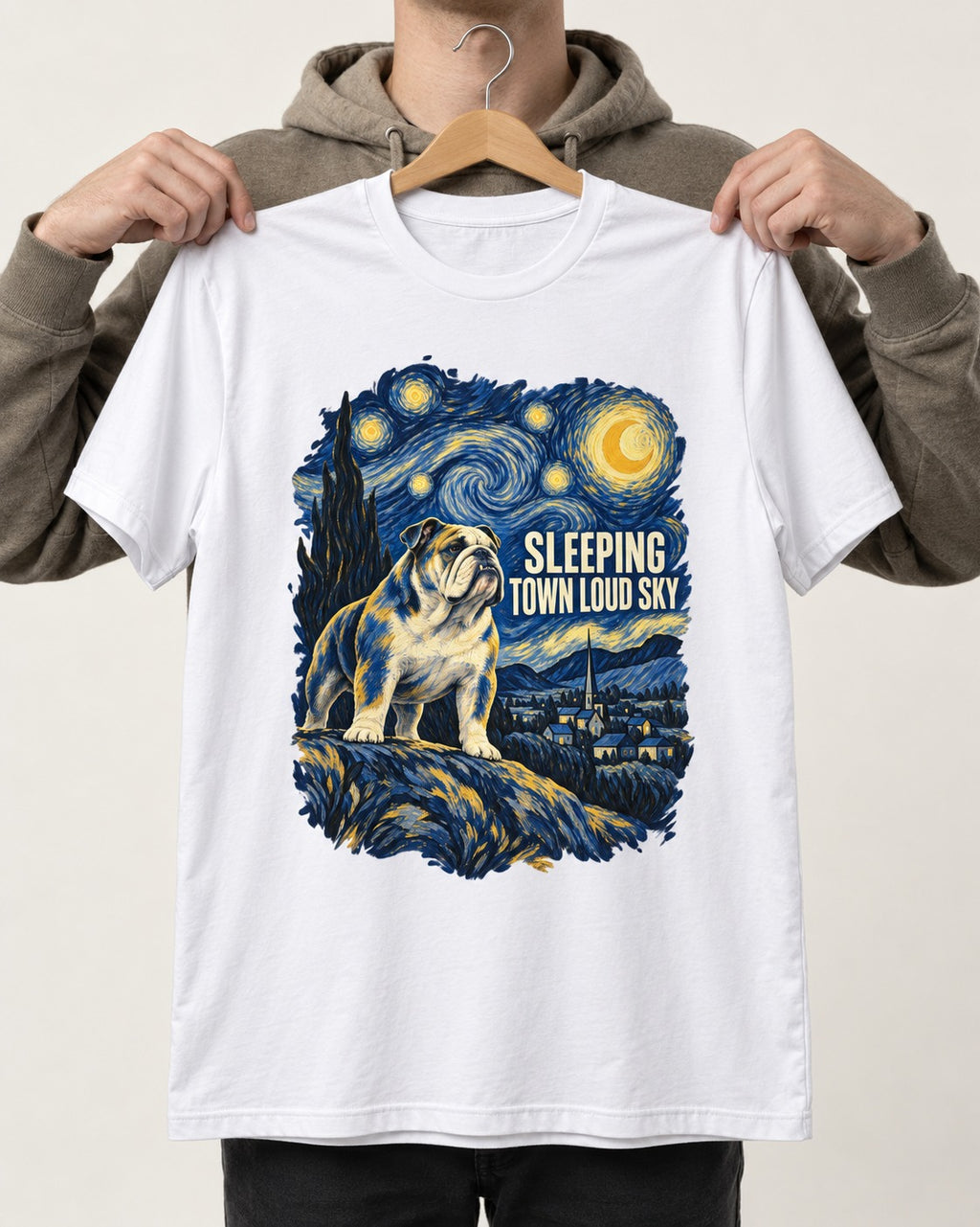 English Bulldog Sleeping Town Loud Sky Starry Night Graphic T-Shirt in White, held up on a hanger