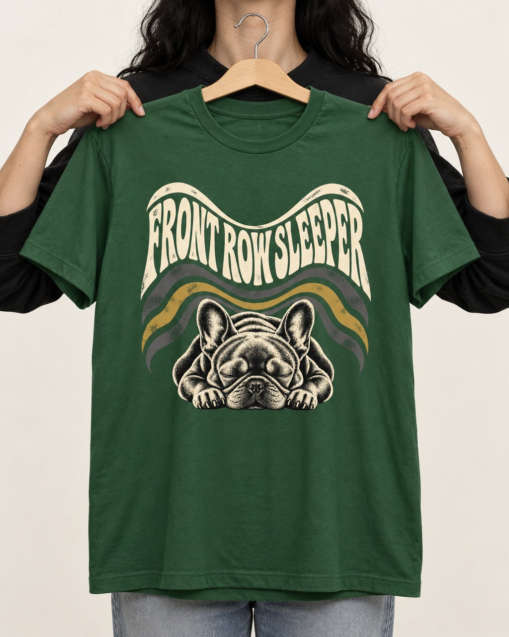 Frenchie Front Row Sleeper Retro Graphic T-Shirt in Forest Green, held up on a hanger