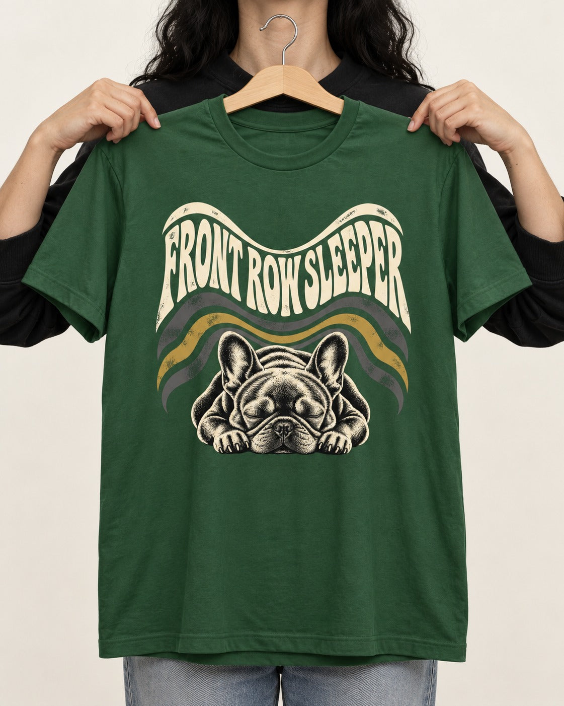 Frenchie Front Row Sleeper Retro Graphic T-Shirt in Forest Green, held up on a hanger