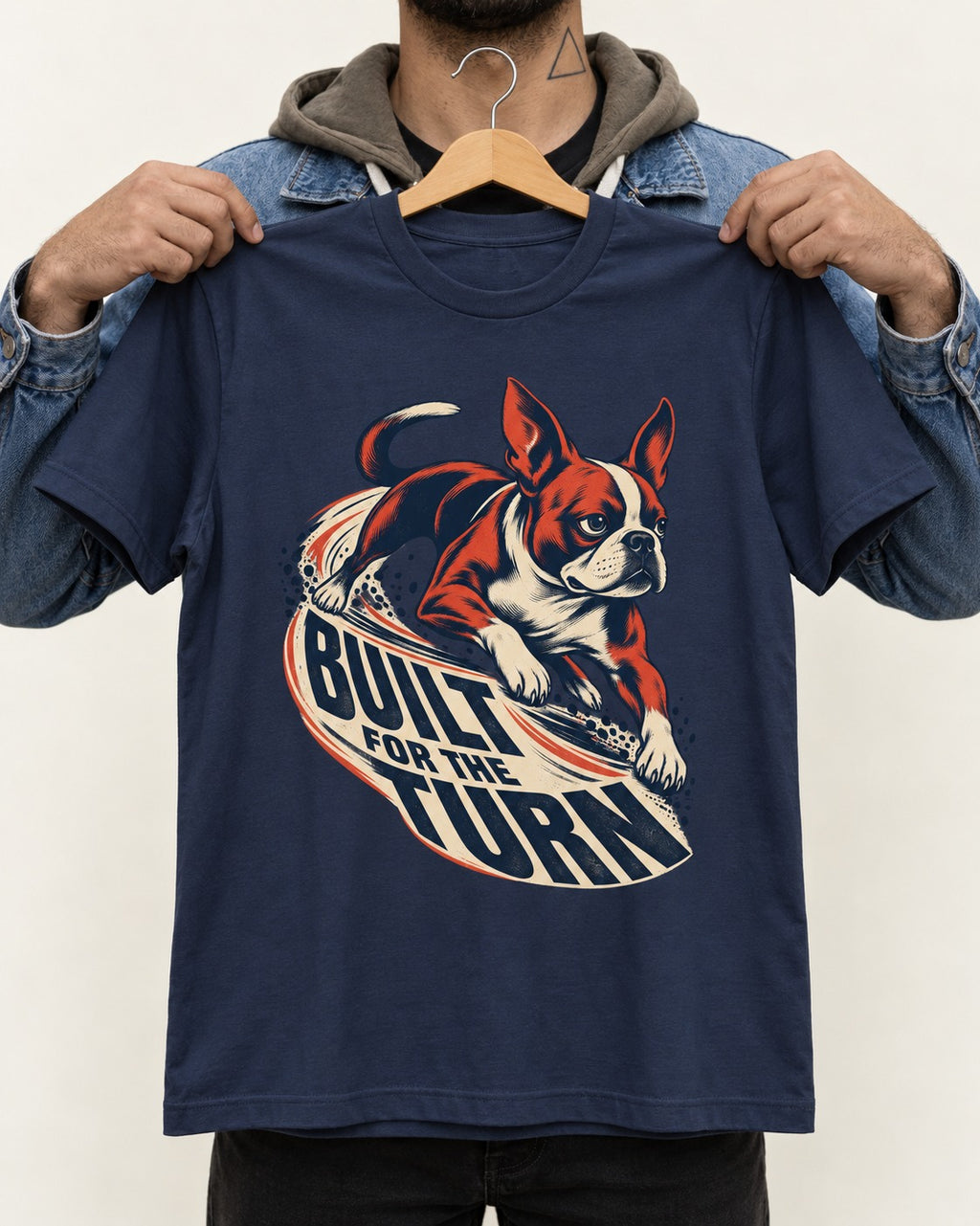 Built for the Turn Boston Terrier T-Shirt in Navy, held up on a hanger