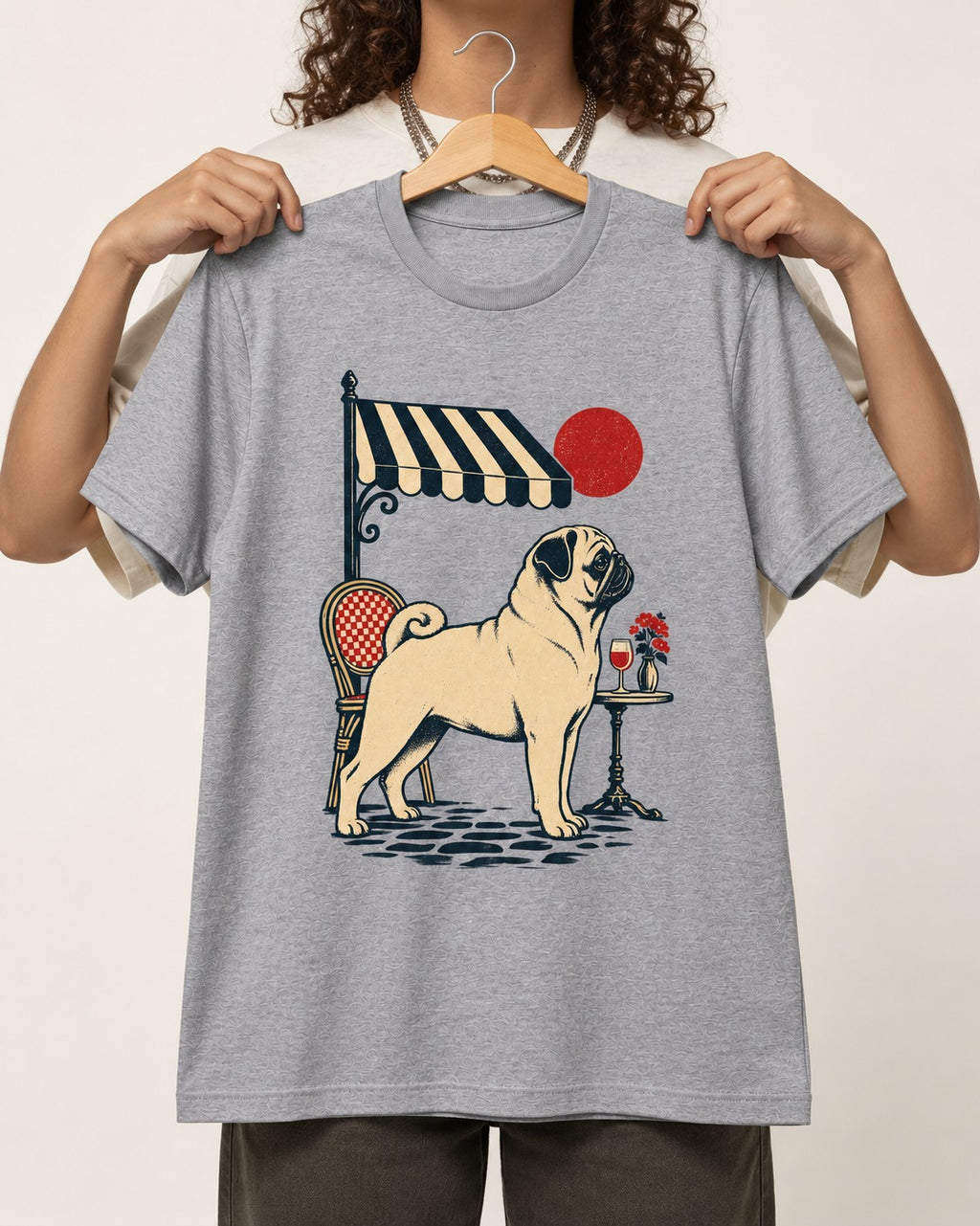 Pug Joie De Vivre T-Shirt in Sport Grey, held up on a hanger