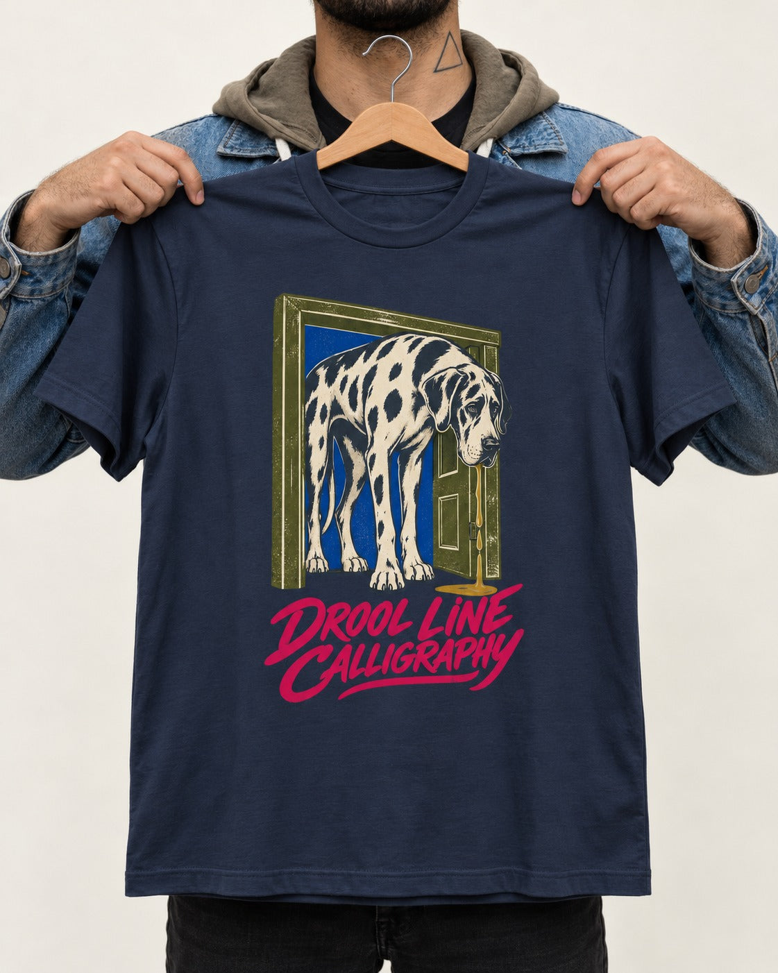 Great Dane Drool Line Calligraphy Doorway Graphic T-Shirt in Navy, held up on a hanger