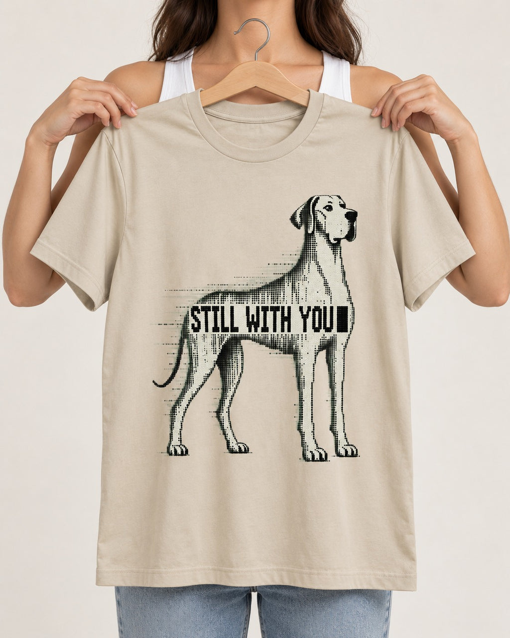 Still with You Great Dane T-Shirt in Sand, held up on a hanger