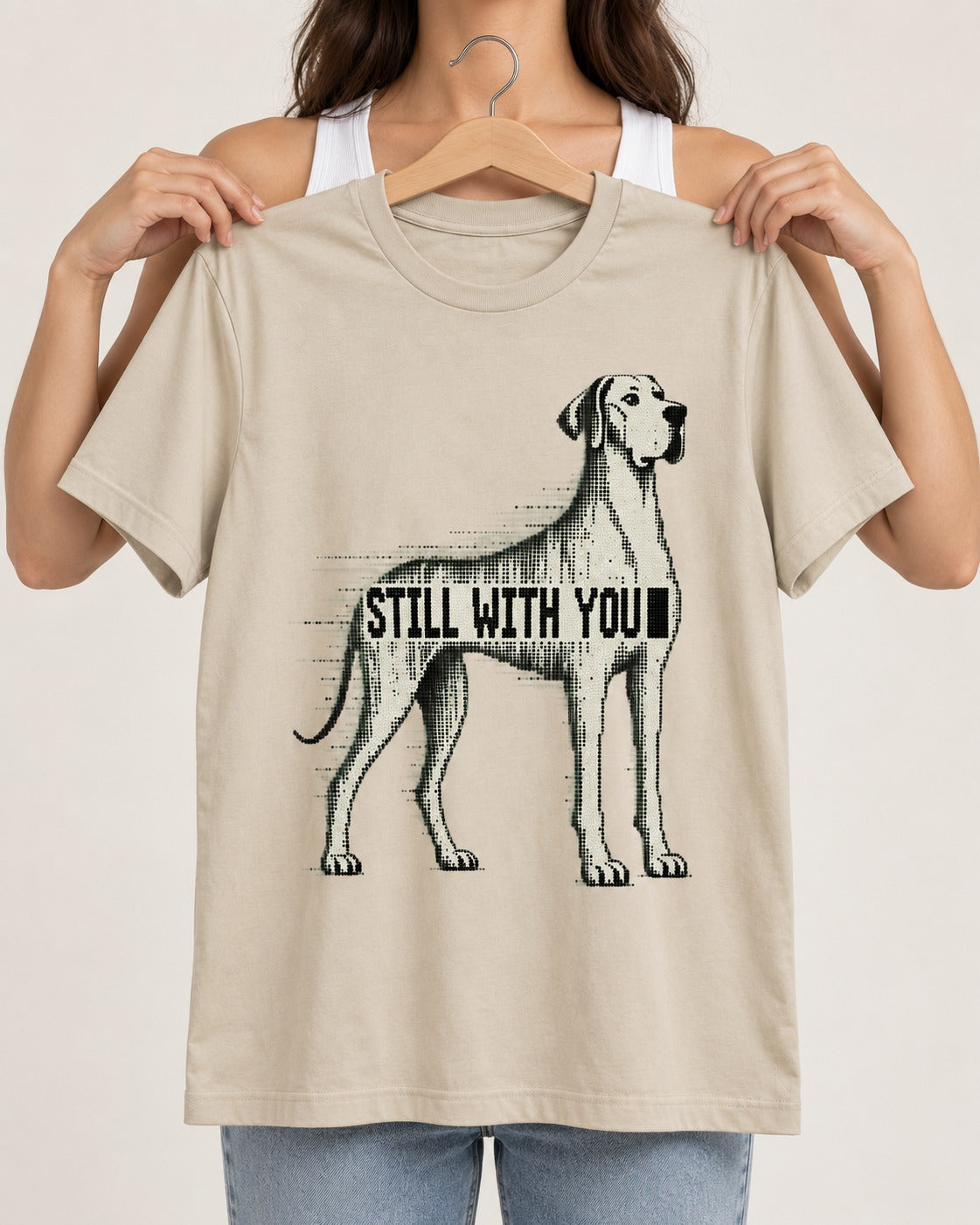 Still with You Great Dane T-Shirt in Sand, held up on a hanger